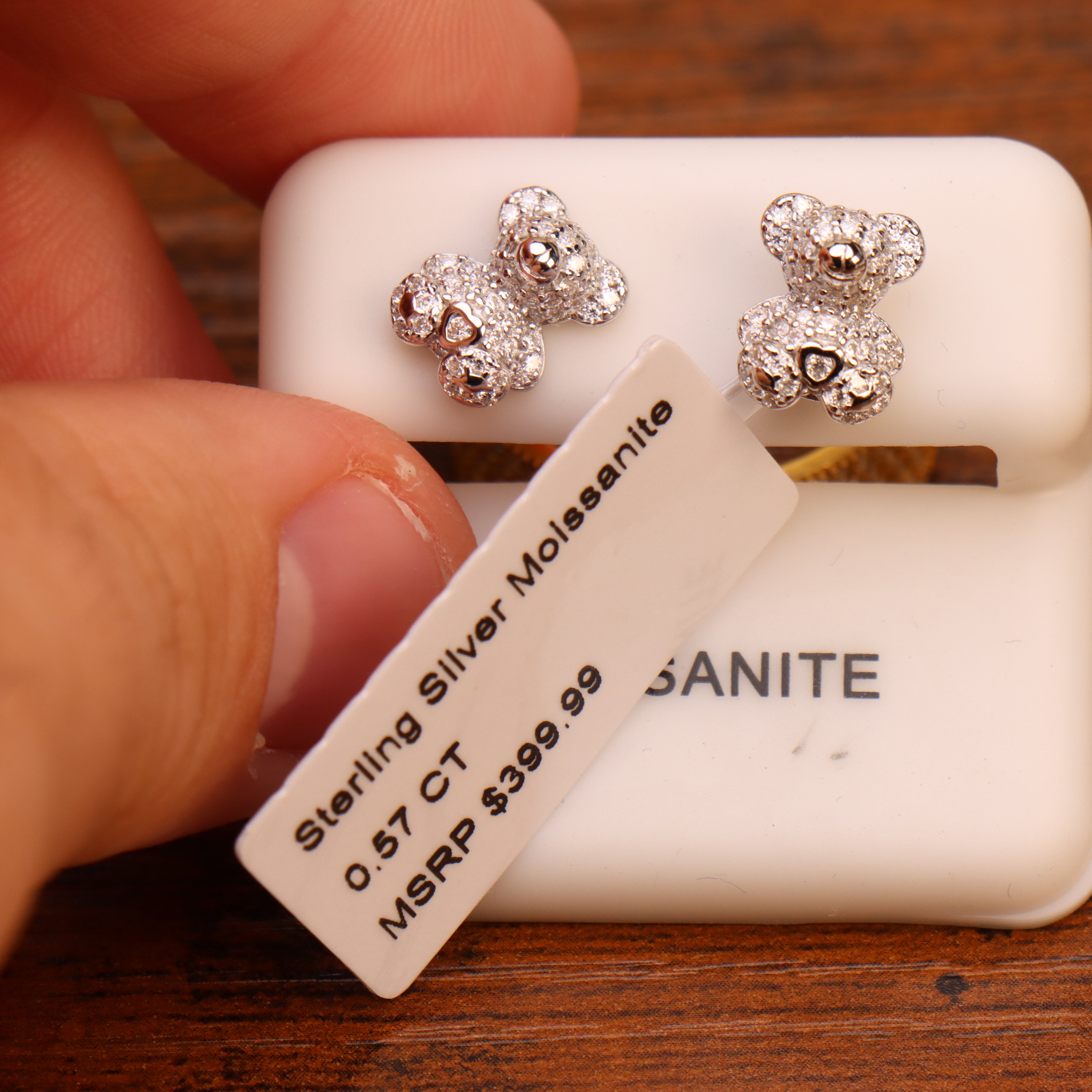 Genuine Moissanite Teddy Bear Earrings 925 Sterling Silver