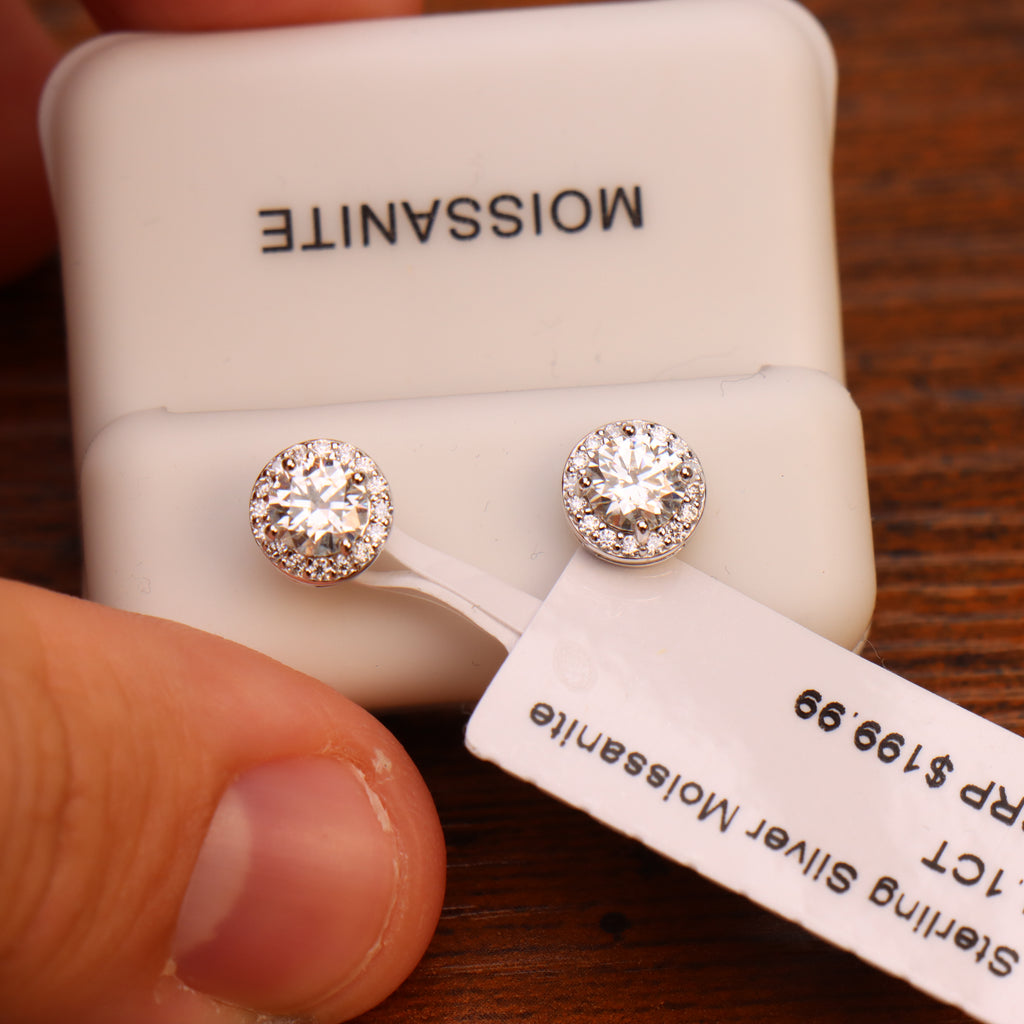 Genuine Moissanite Round Halo Earrings 925 Sterling Silver 7.5mm