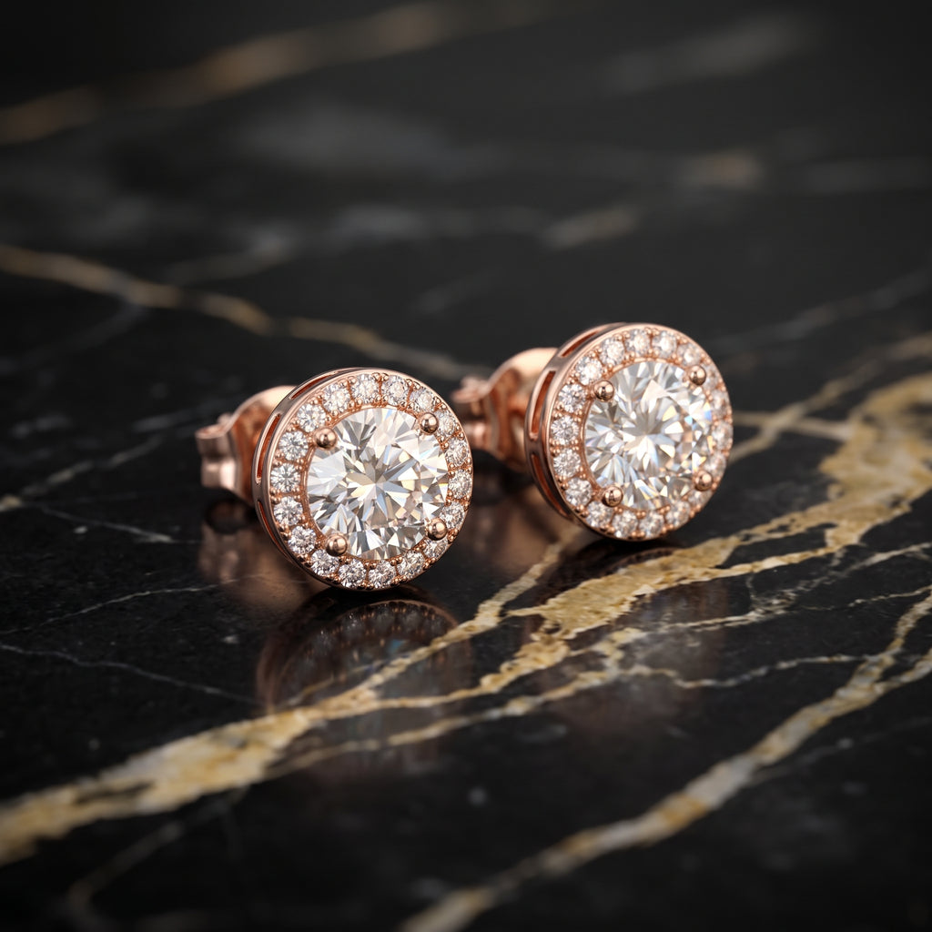 Genuine Moissanite Round Halo Earrings Rose Gold Over 925 Sterling Silver 7.5mm
