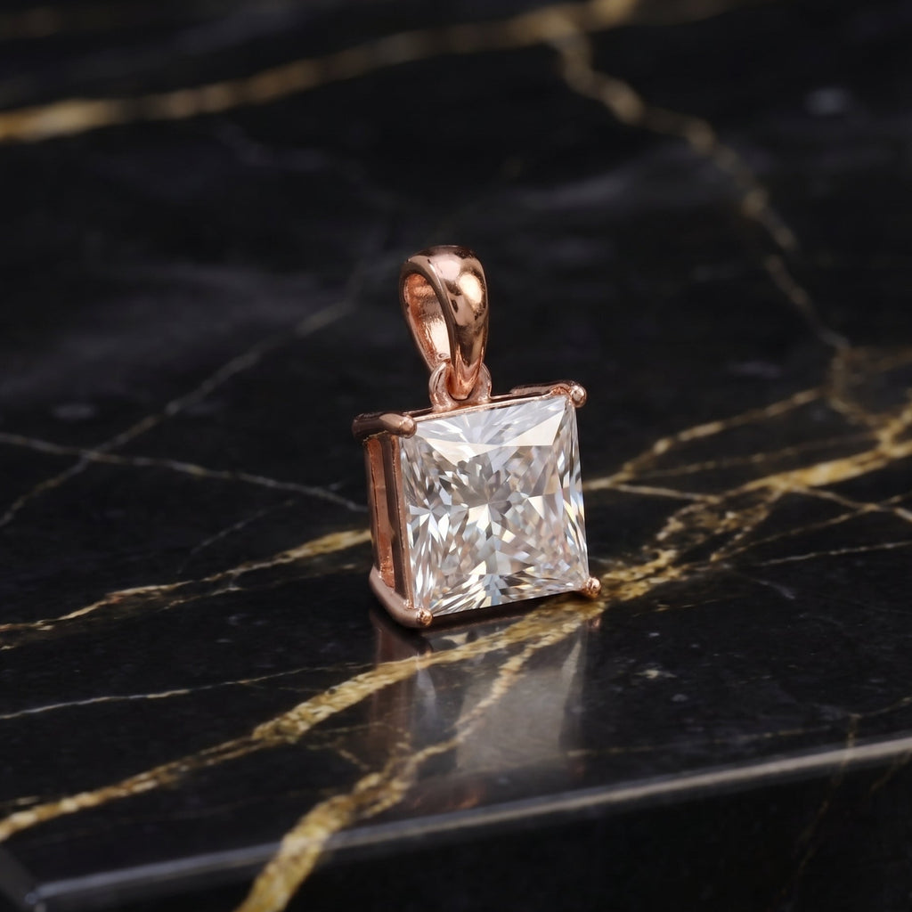Genuine Moissanite Princess Cut 8mm 3ct Pendant Rose Gold 925 Sterling Silver