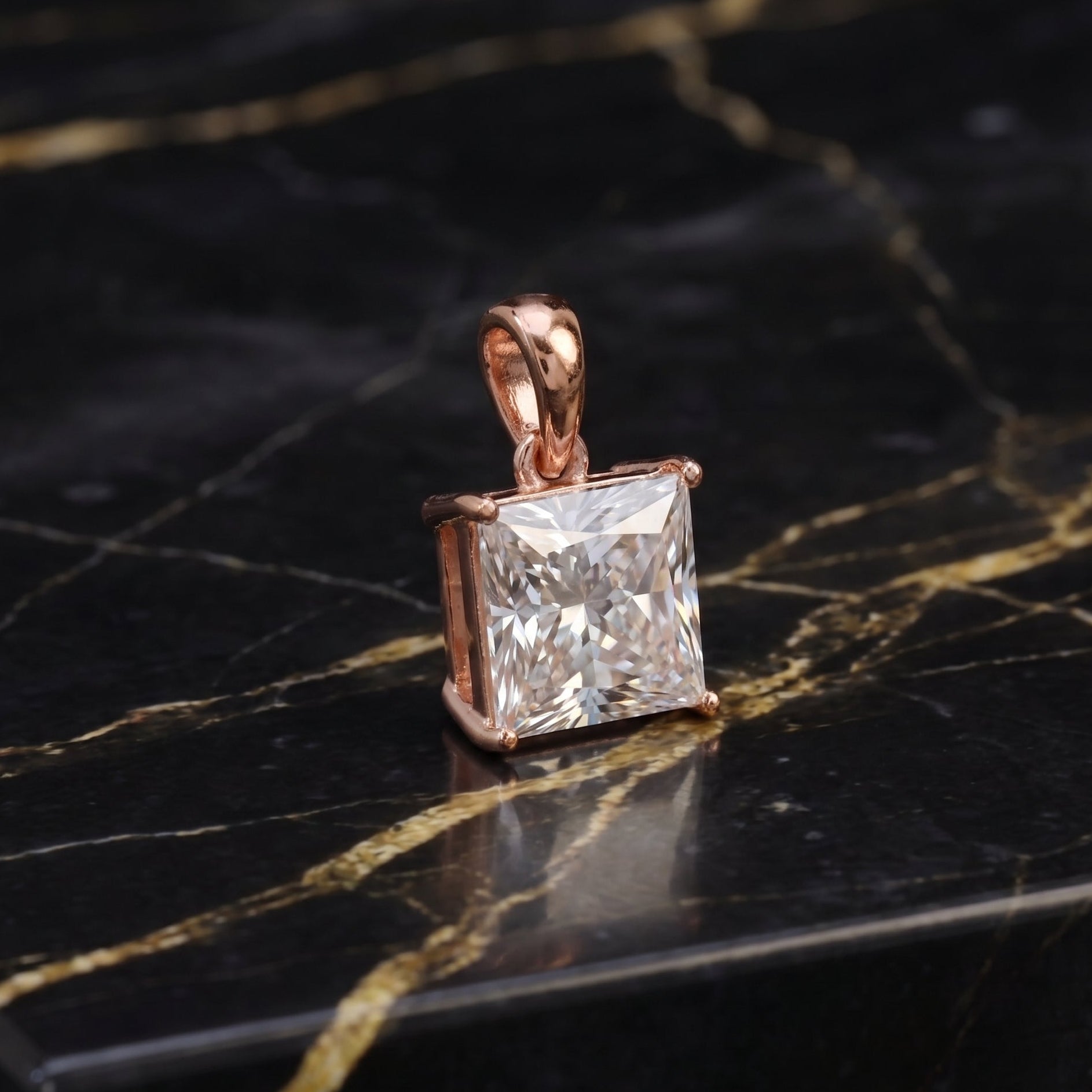 Genuine Moissanite Princess Cut 8mm 3ct Pendant Rose Gold 925 Sterling Silver