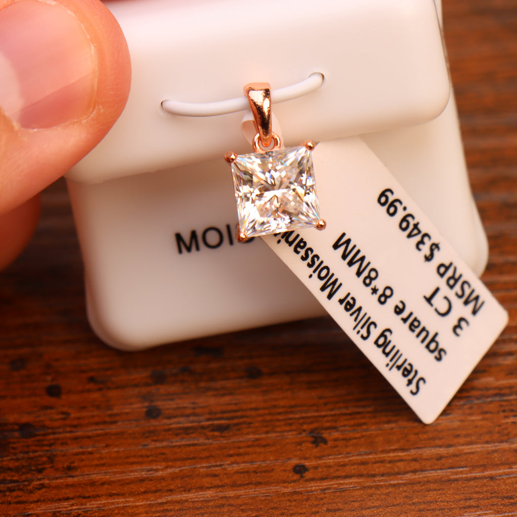 Genuine Moissanite Princess Cut 8mm 3ct Pendant Rose Gold 925 Sterling Silver