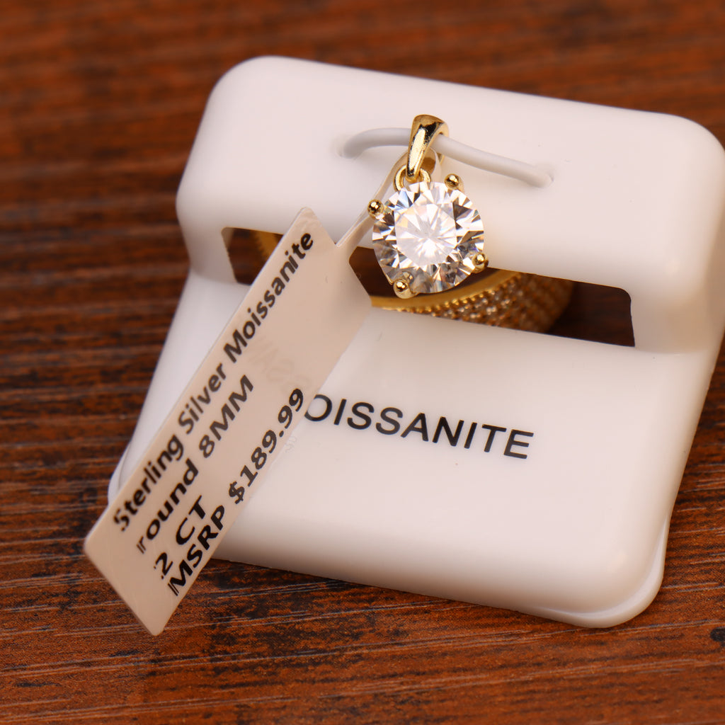Genuine Moissanite Round 8mm 2 Ct Pendant 14k Gold Over 925 Silver
