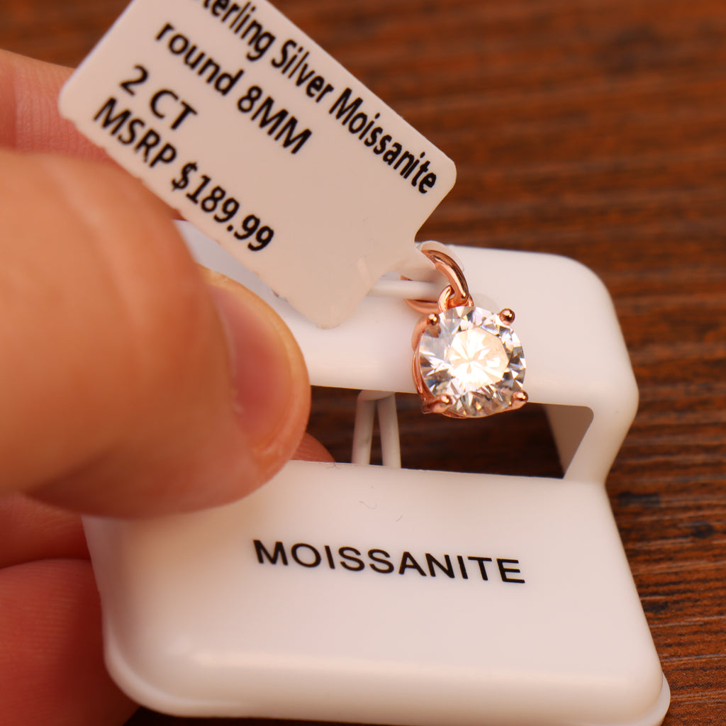 Genuine Moissanite Round 2 Ct 8mm Pendant Rose Gold Over 925 Silver
