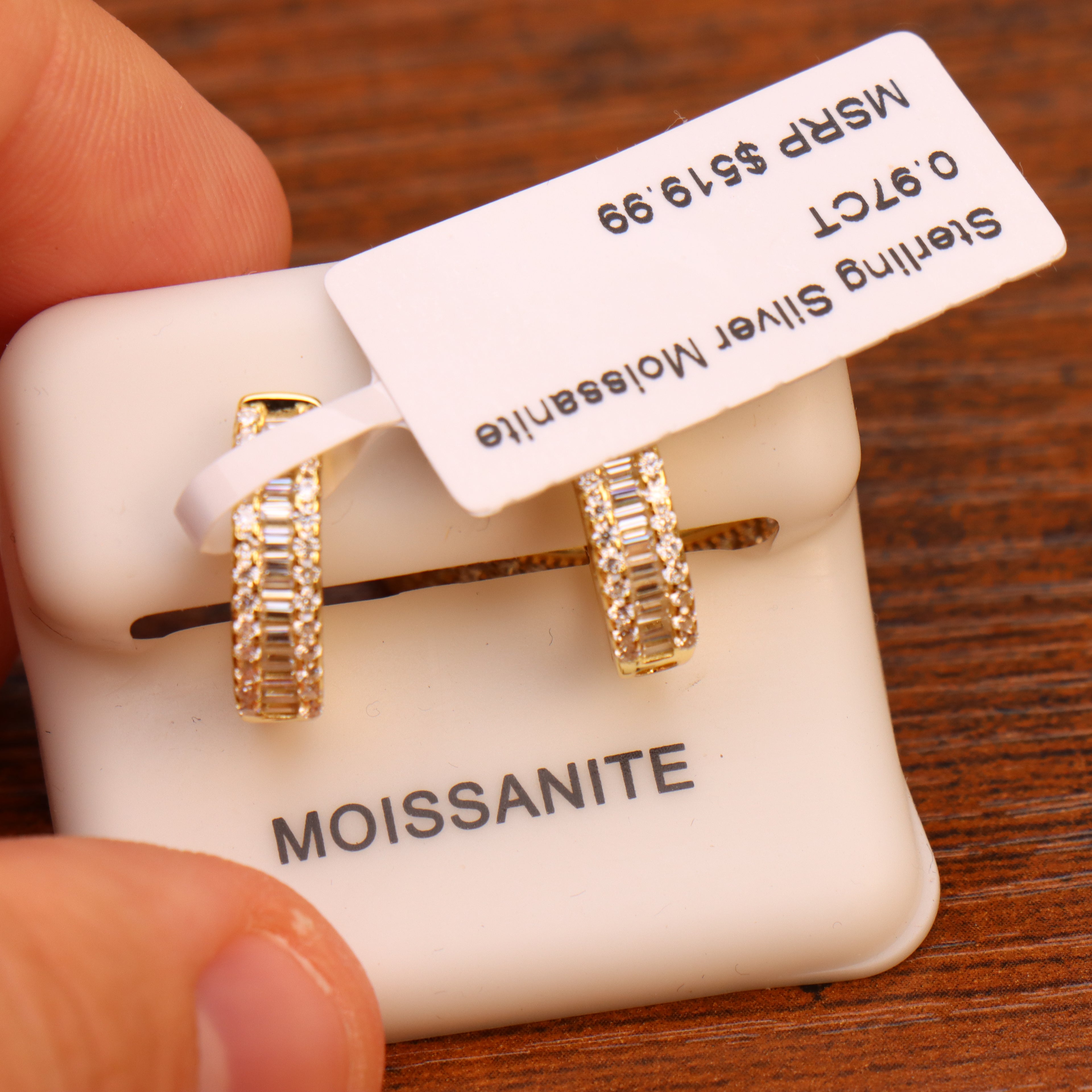 Genuine Moissanite Baguette Huggies Earrings 14k Gold Over 925 Silver