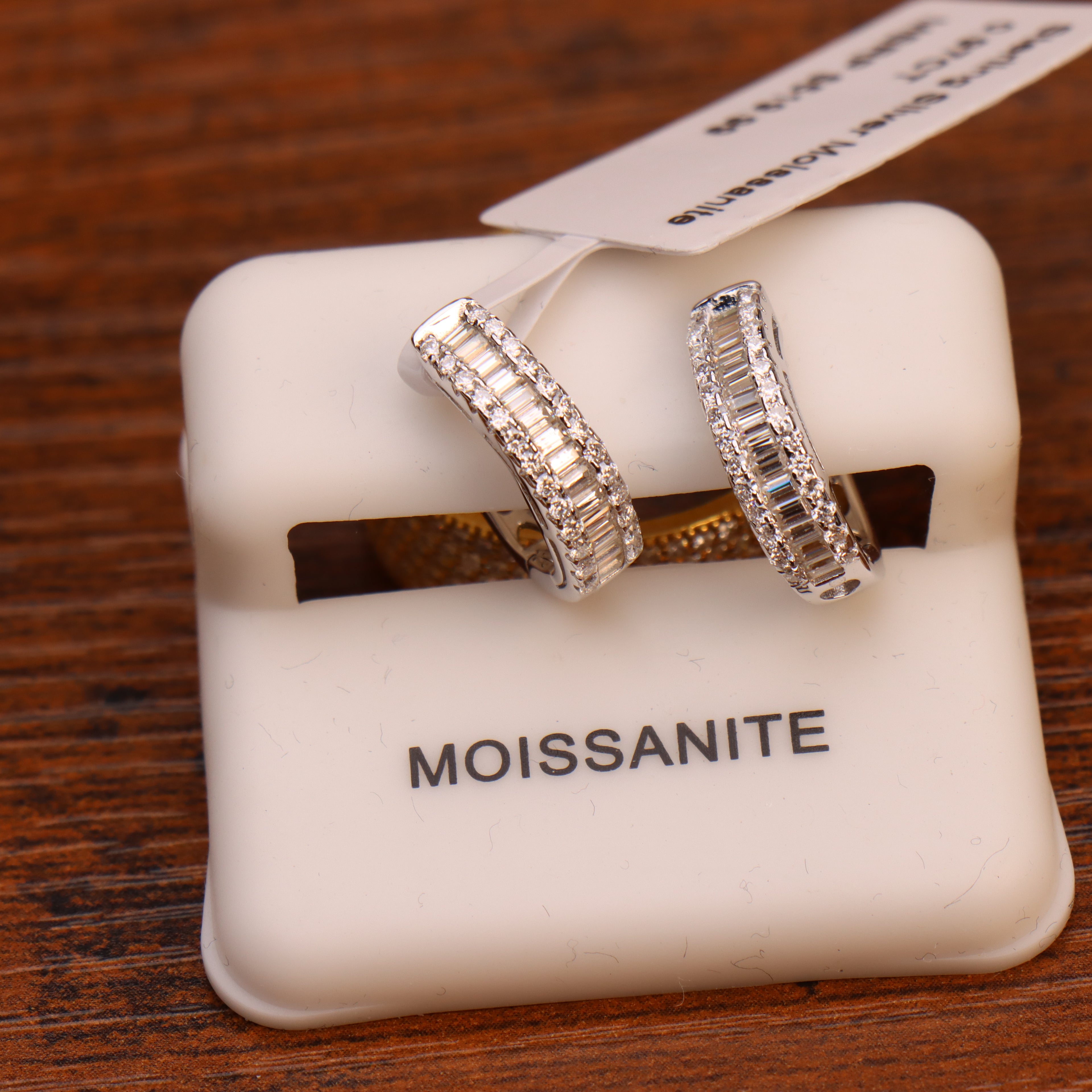 Genuine Moissanite Baguette Huggies Earrings 925 Sterling Silver