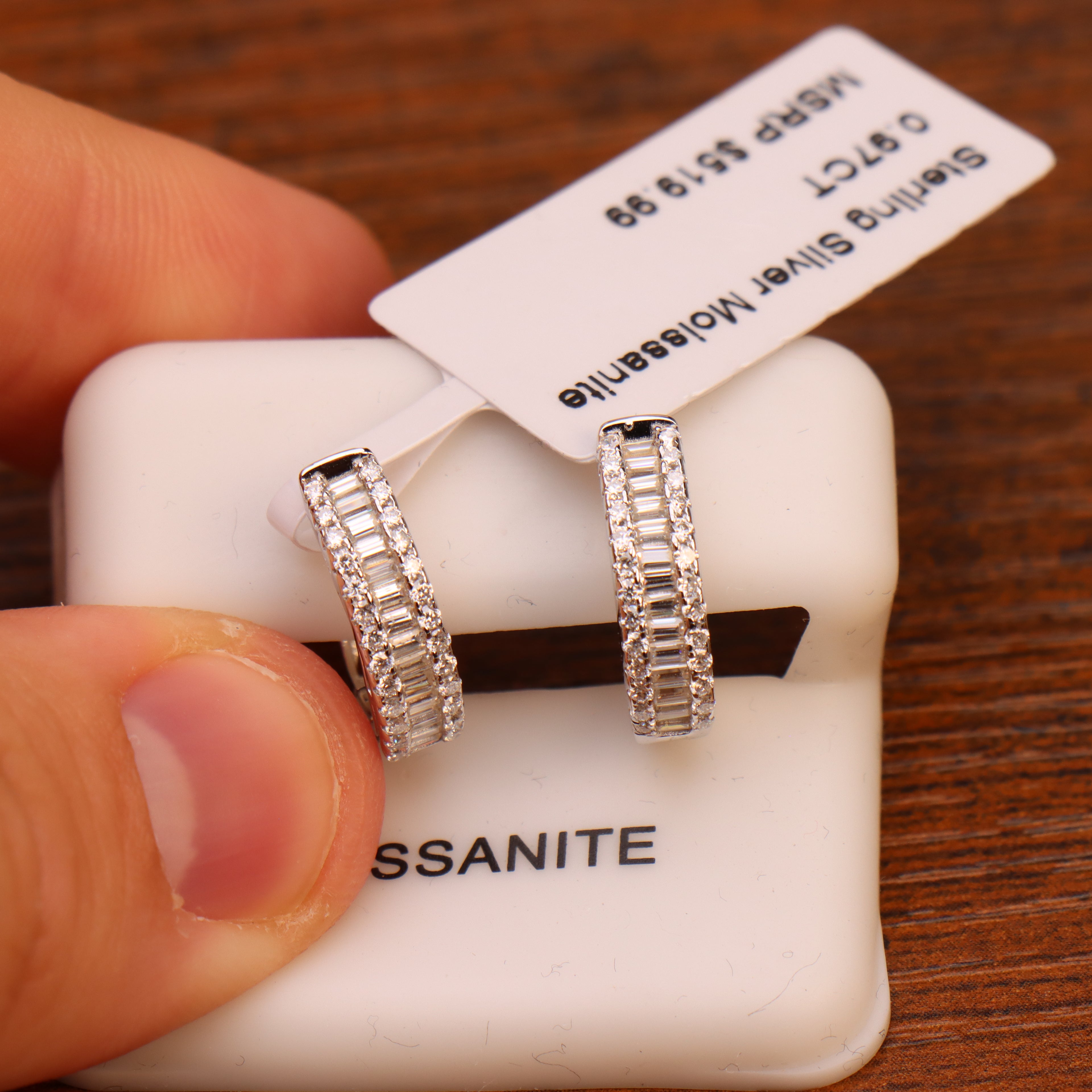 Genuine Moissanite Baguette Huggies Earrings 925 Sterling Silver