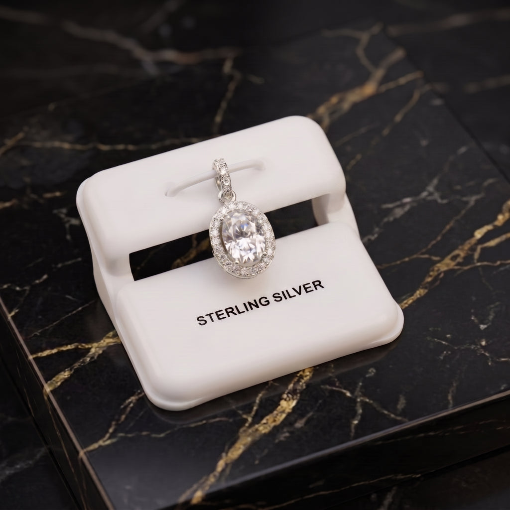 Genuine Moissanite Oval Halo Pendant 925 Sterling Silver