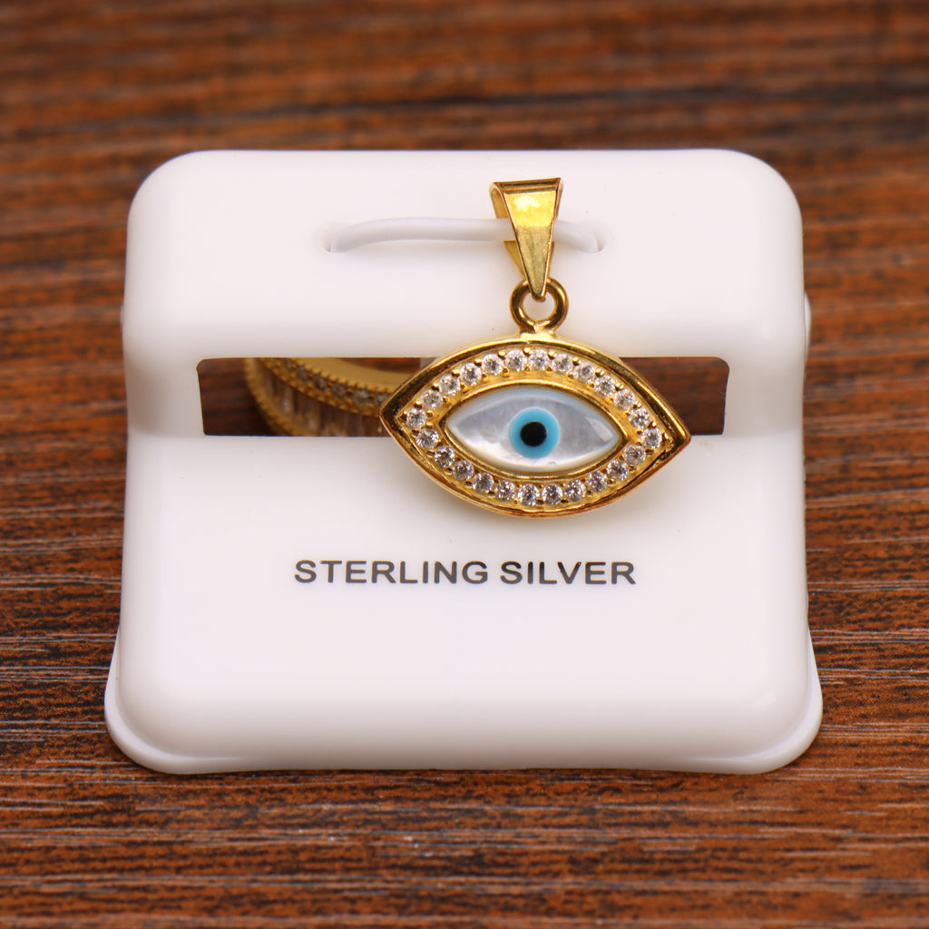 Evil eye halo pendant in 14k gold plated sterling silver with cubic zirconia stones