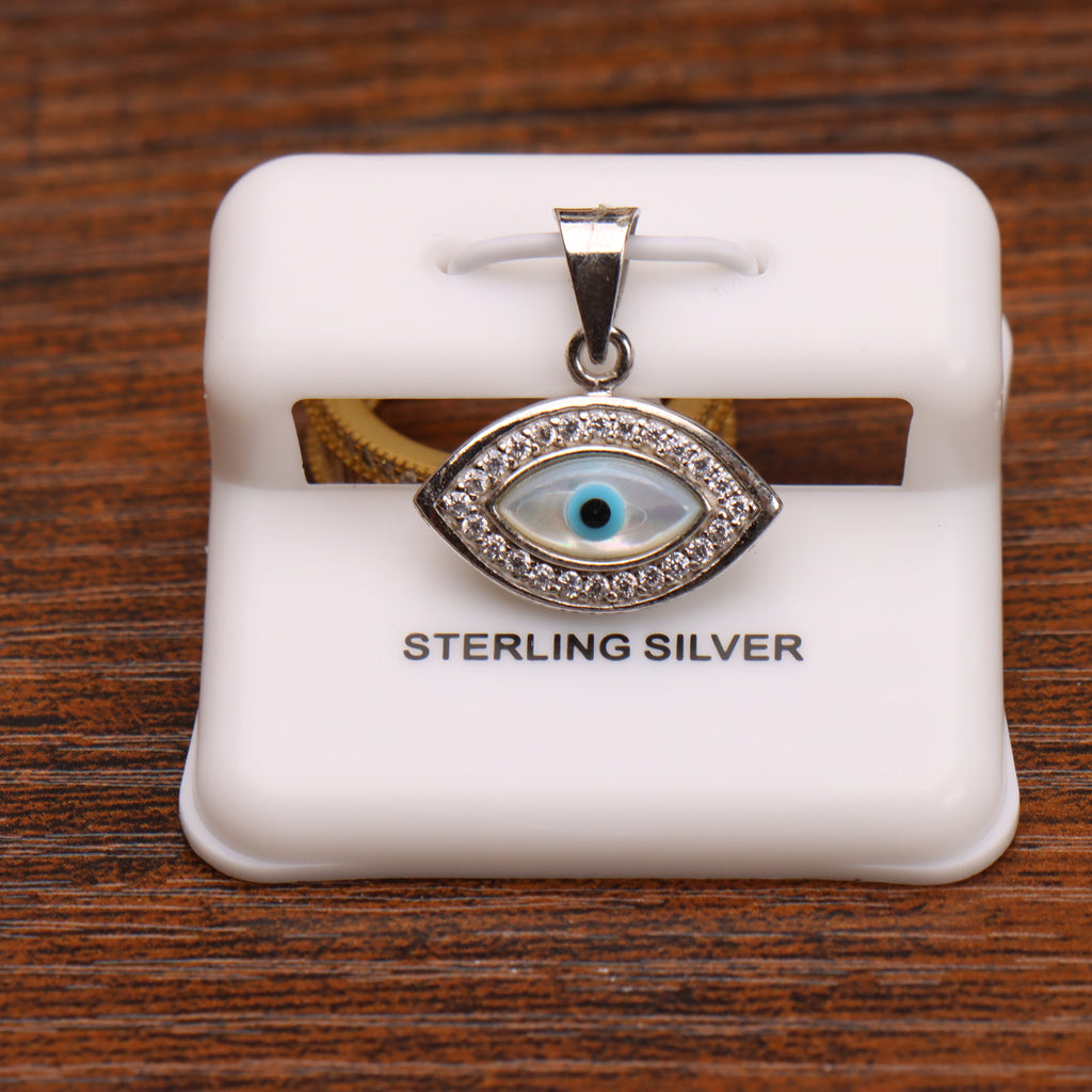 Evil eye CZ halo pendant in 925 sterling silver on a white display stand