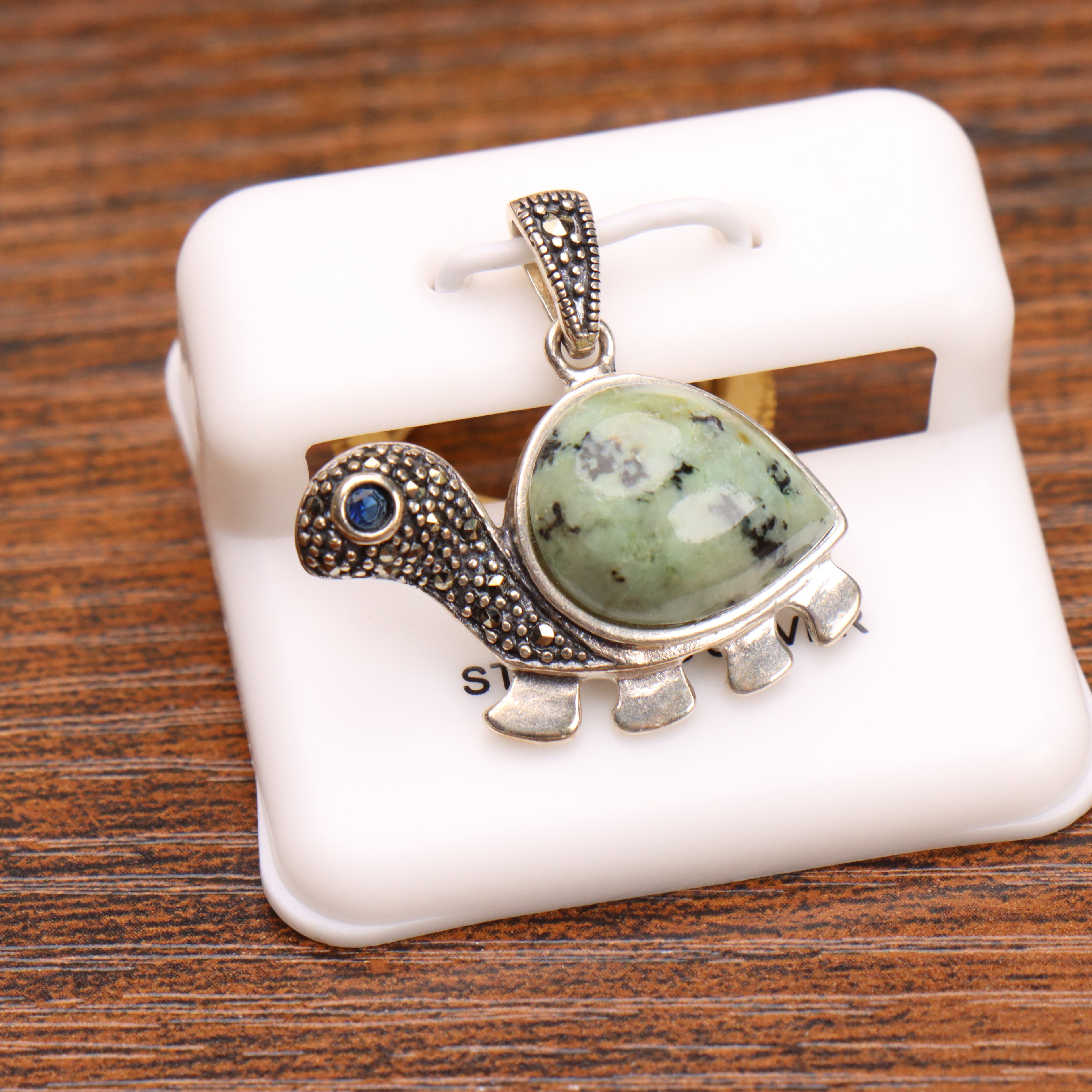 Marcasite Turtle Turquoise Pendant 925 Sterling Silver Vintage Style