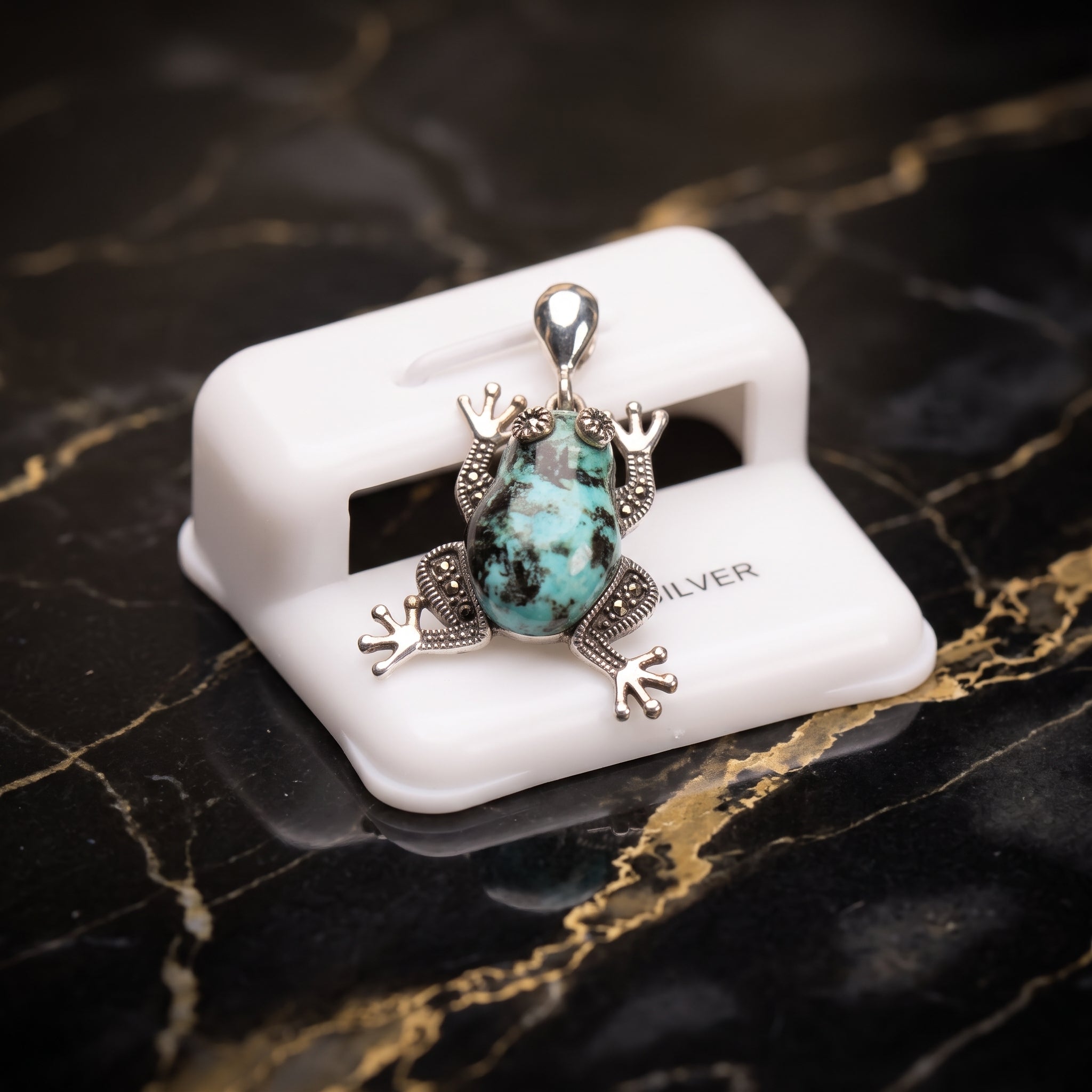 Marcasite Frog Turquoise Pendant 925 Sterling Silver Vintage Style
