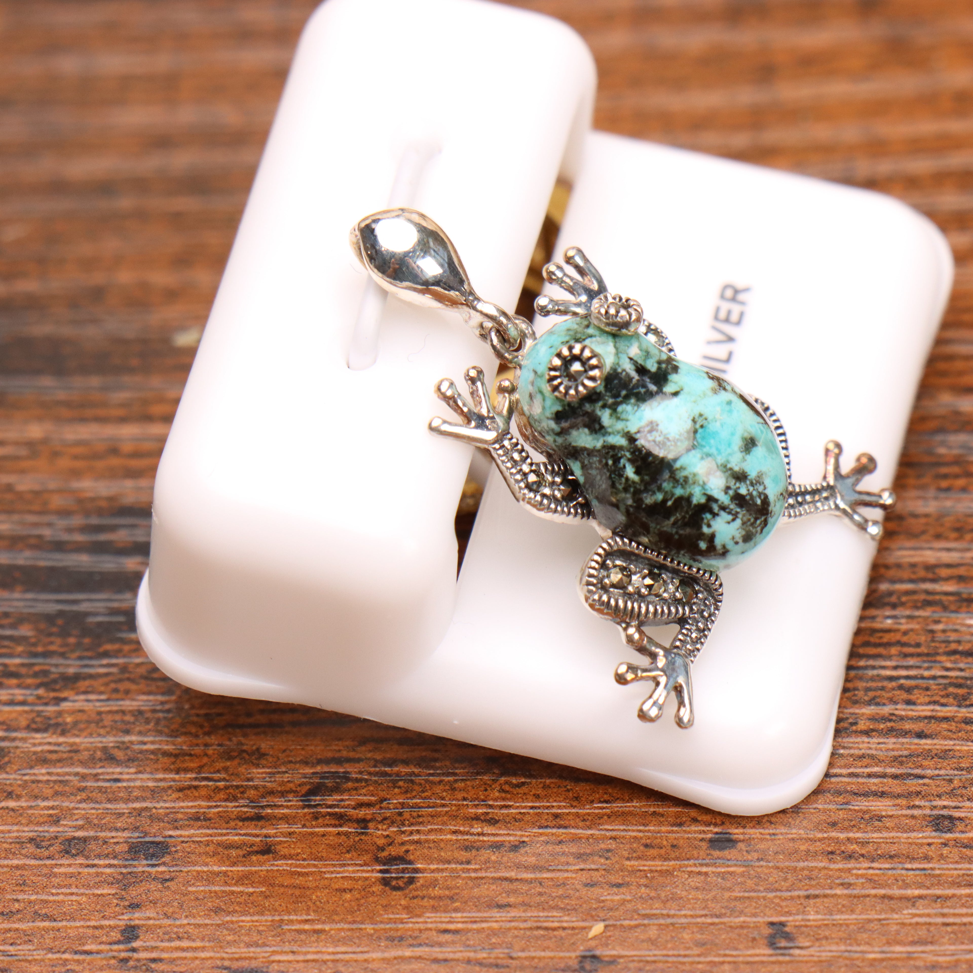 Marcasite Frog Turquoise Pendant 925 Sterling Silver Vintage Style