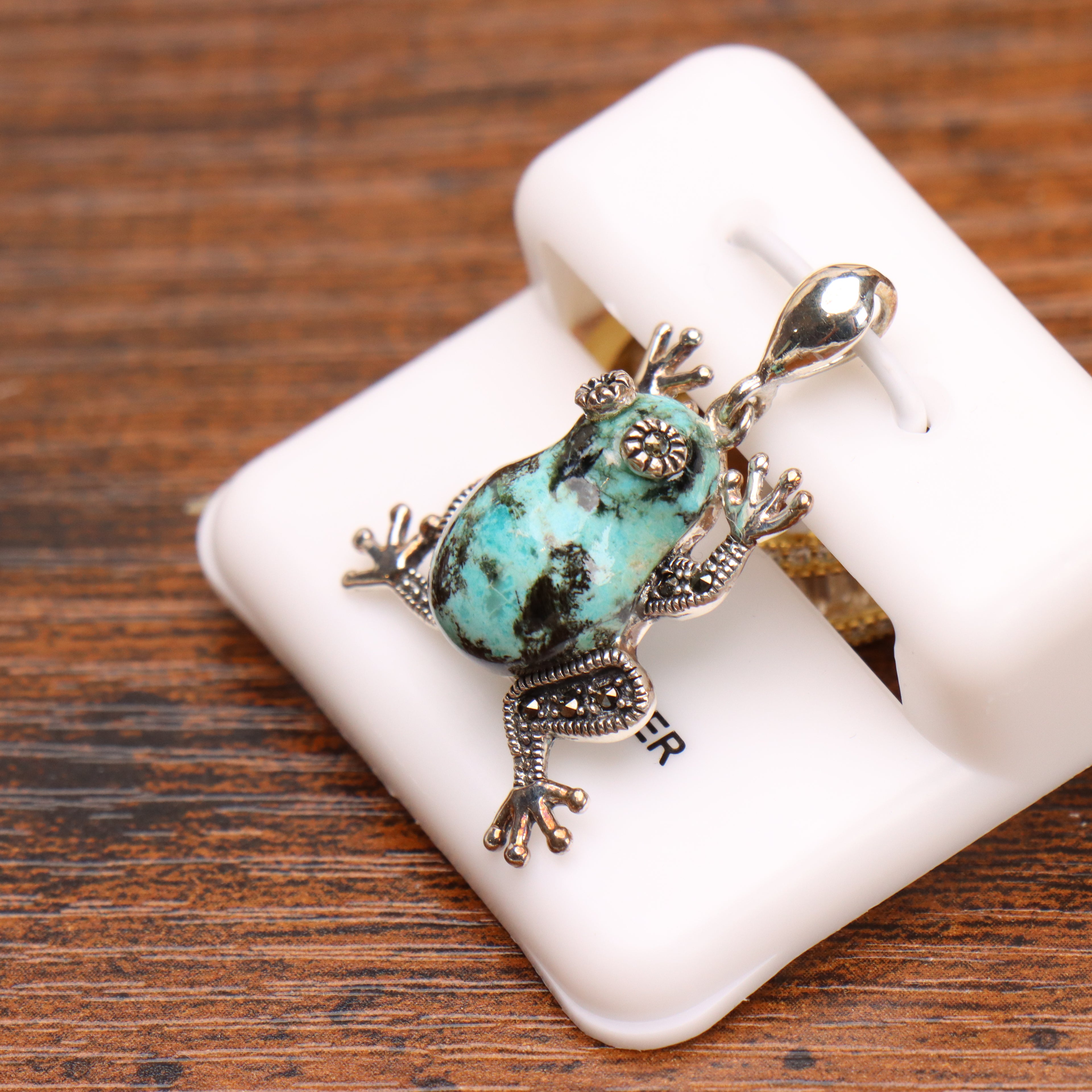 Marcasite Frog Turquoise Pendant 925 Sterling Silver Vintage Style