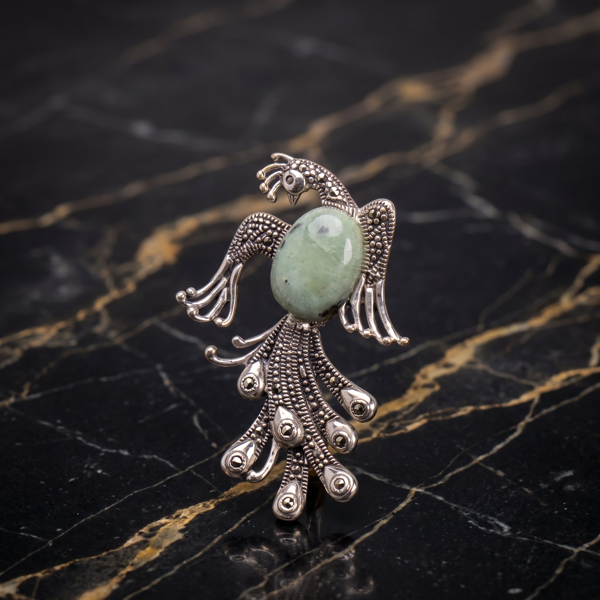 Marcasite Phoenix Turquoise Pendant 925 Sterling Silver Vintage Style