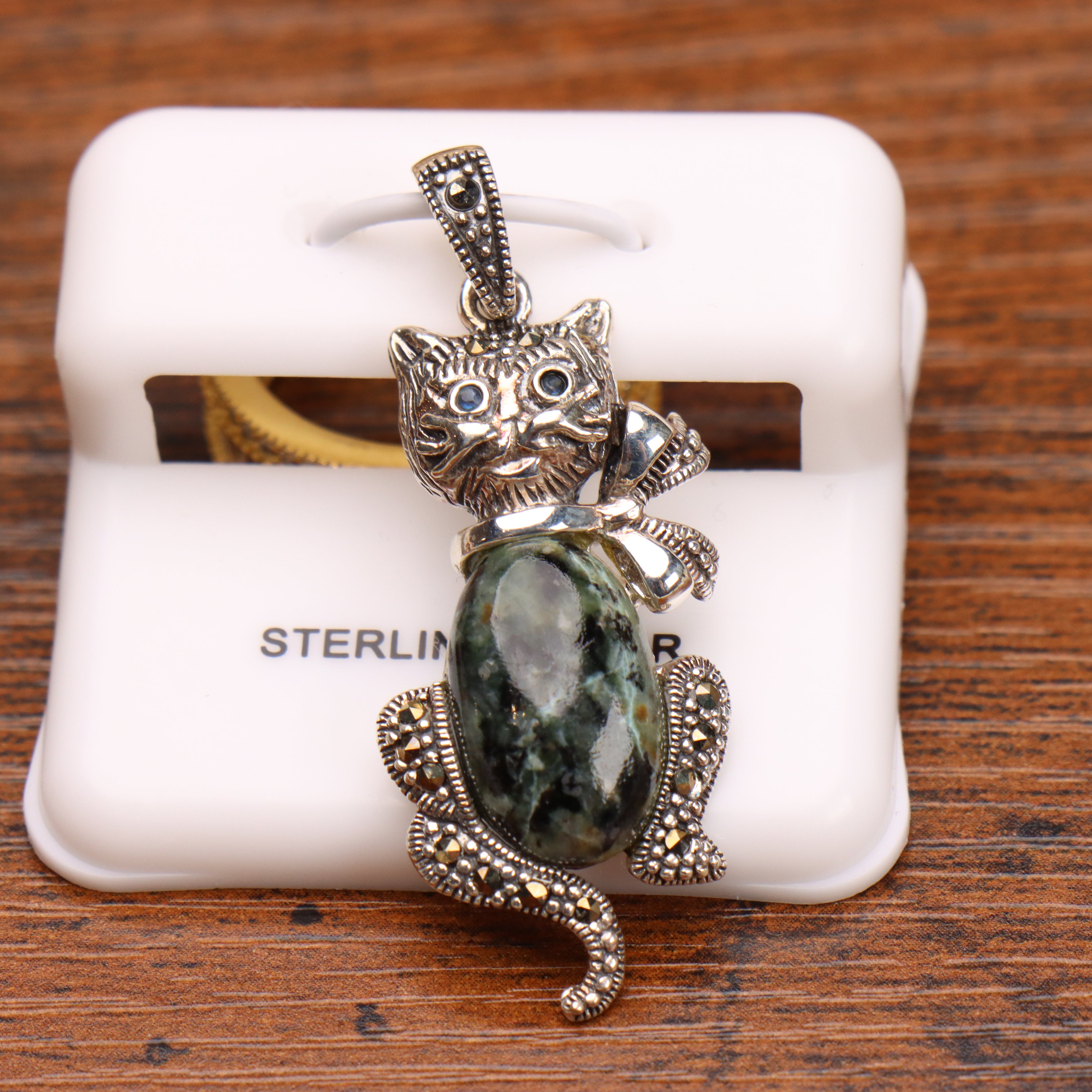 Marcasite Cat Turquoise Pendant 925 Sterling Silver Vintage Style