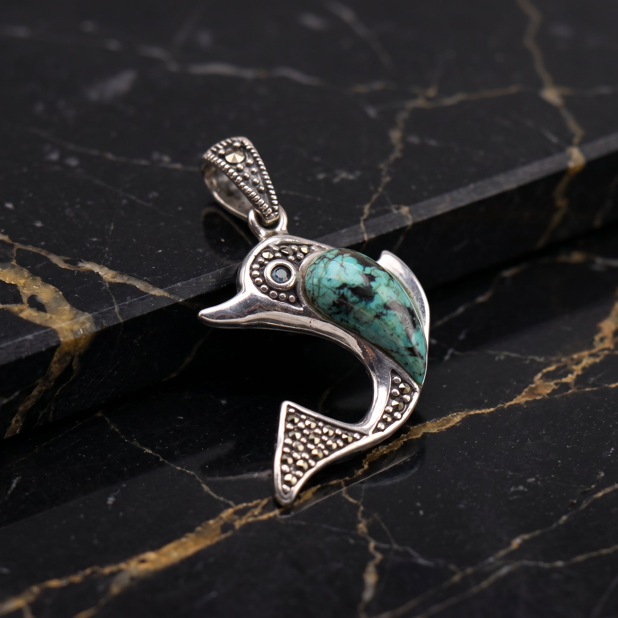 Marcasite Dolphin Turquoise Pendant 925 Sterling Silver Vintage Style