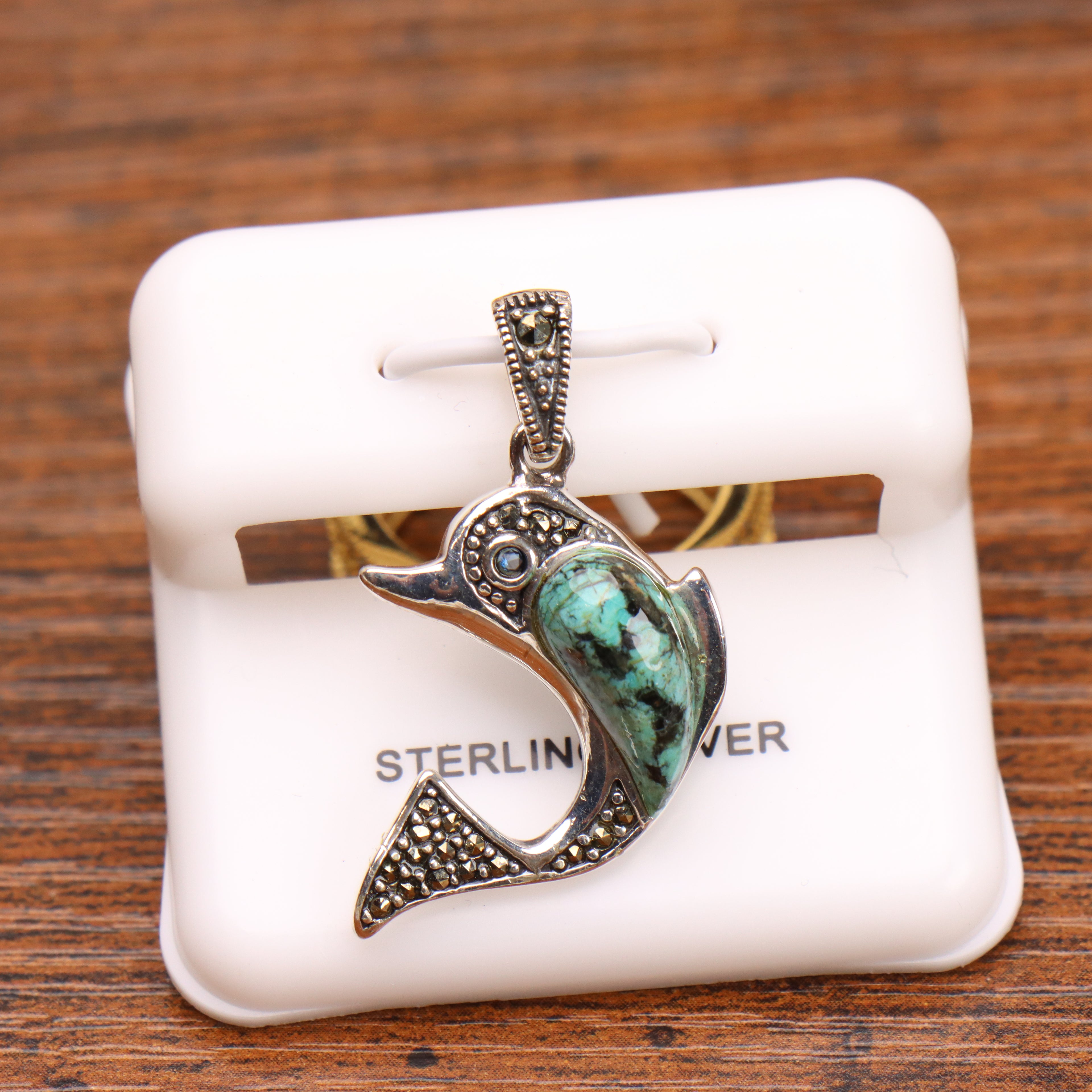 Marcasite Dolphin Turquoise Pendant 925 Sterling Silver Vintage Style