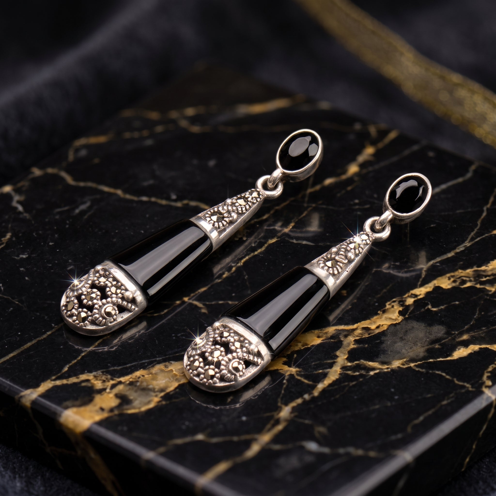 Marcasite Drop Earrings 925 Sterling Silver Vintage Style