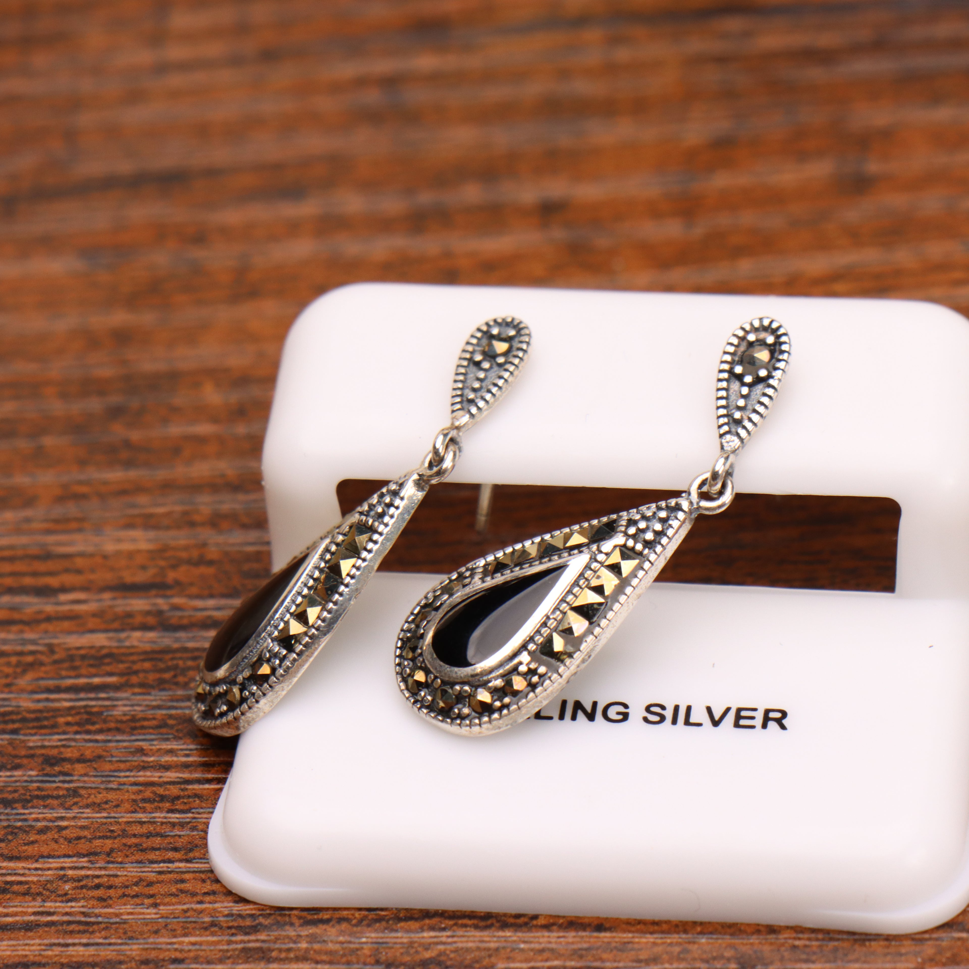 Marcasite Drop Earrings 925 Sterling Silver Vintage Style