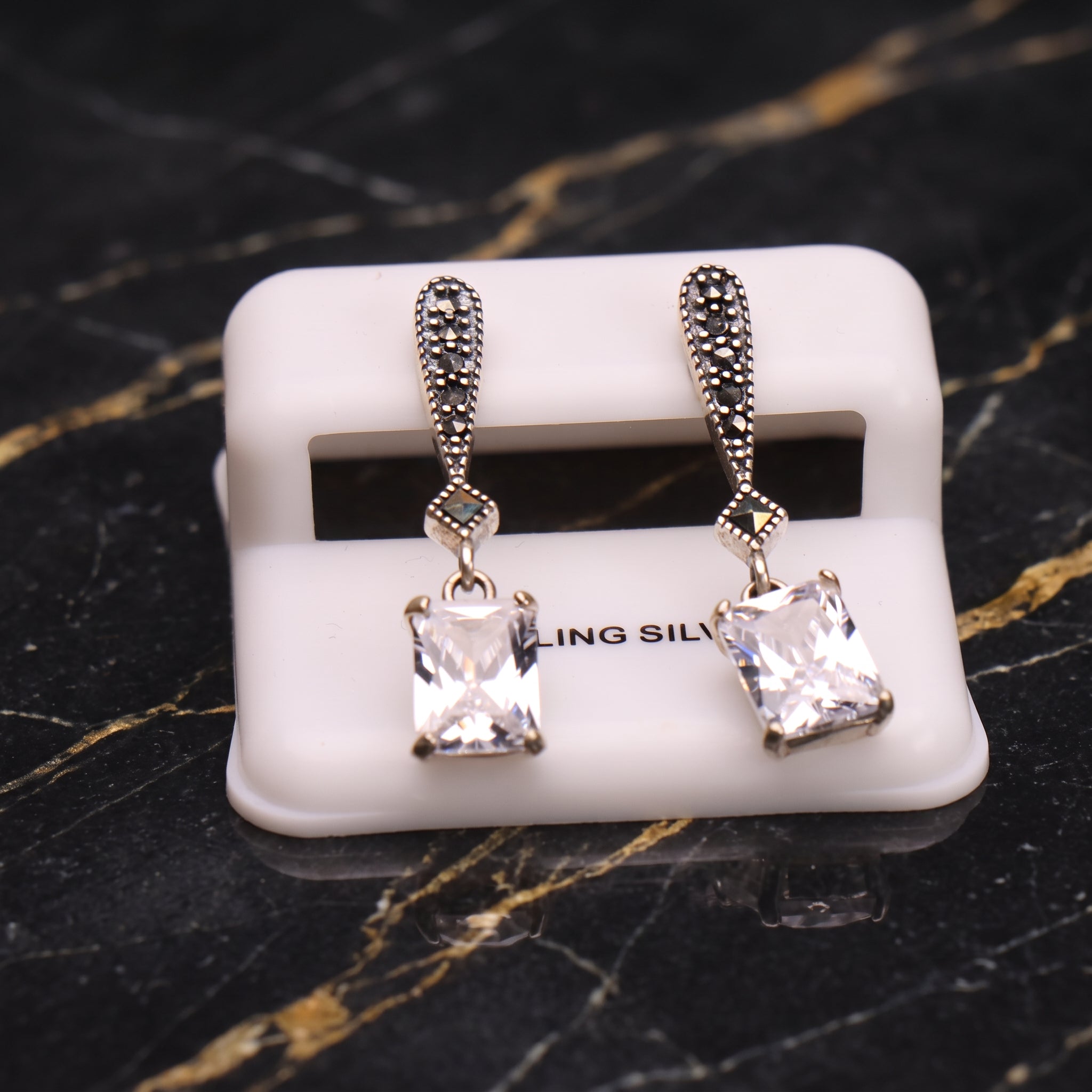 Marcasite Drop Earrings 925 Sterling Silver Vintage Style