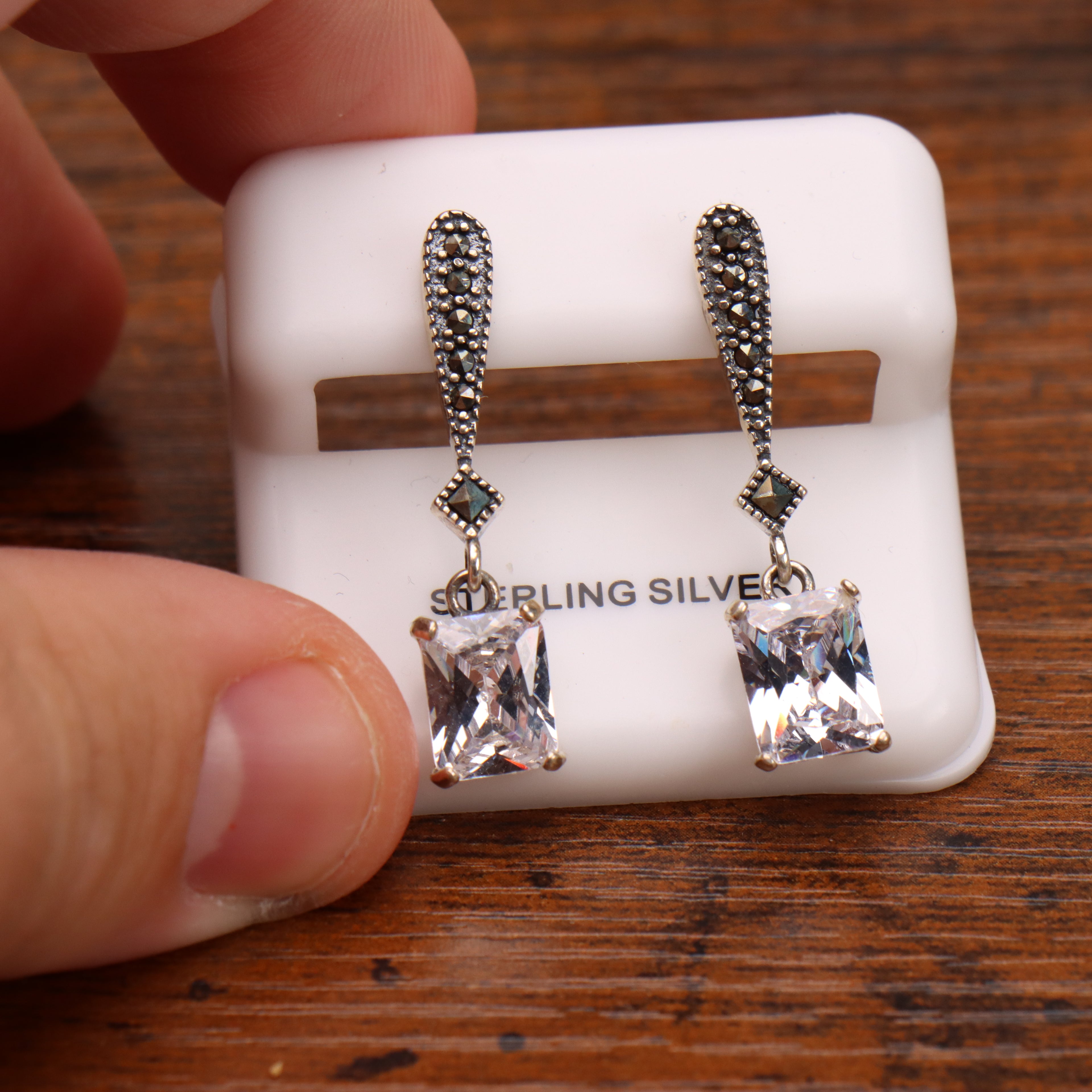Marcasite Drop Earrings 925 Sterling Silver Vintage Style