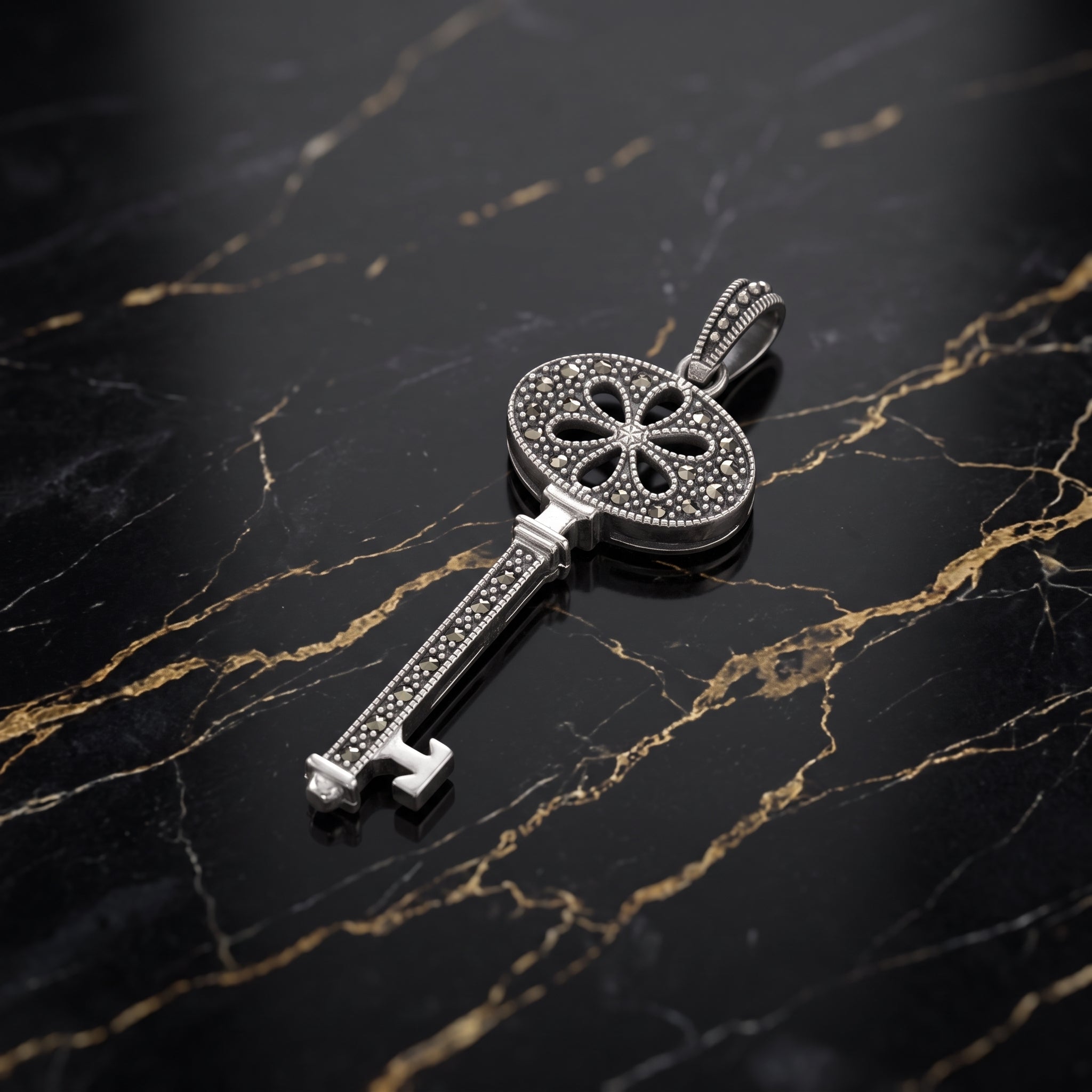 Marcasite Key Pendant 925 Sterling Silver Vintage Style