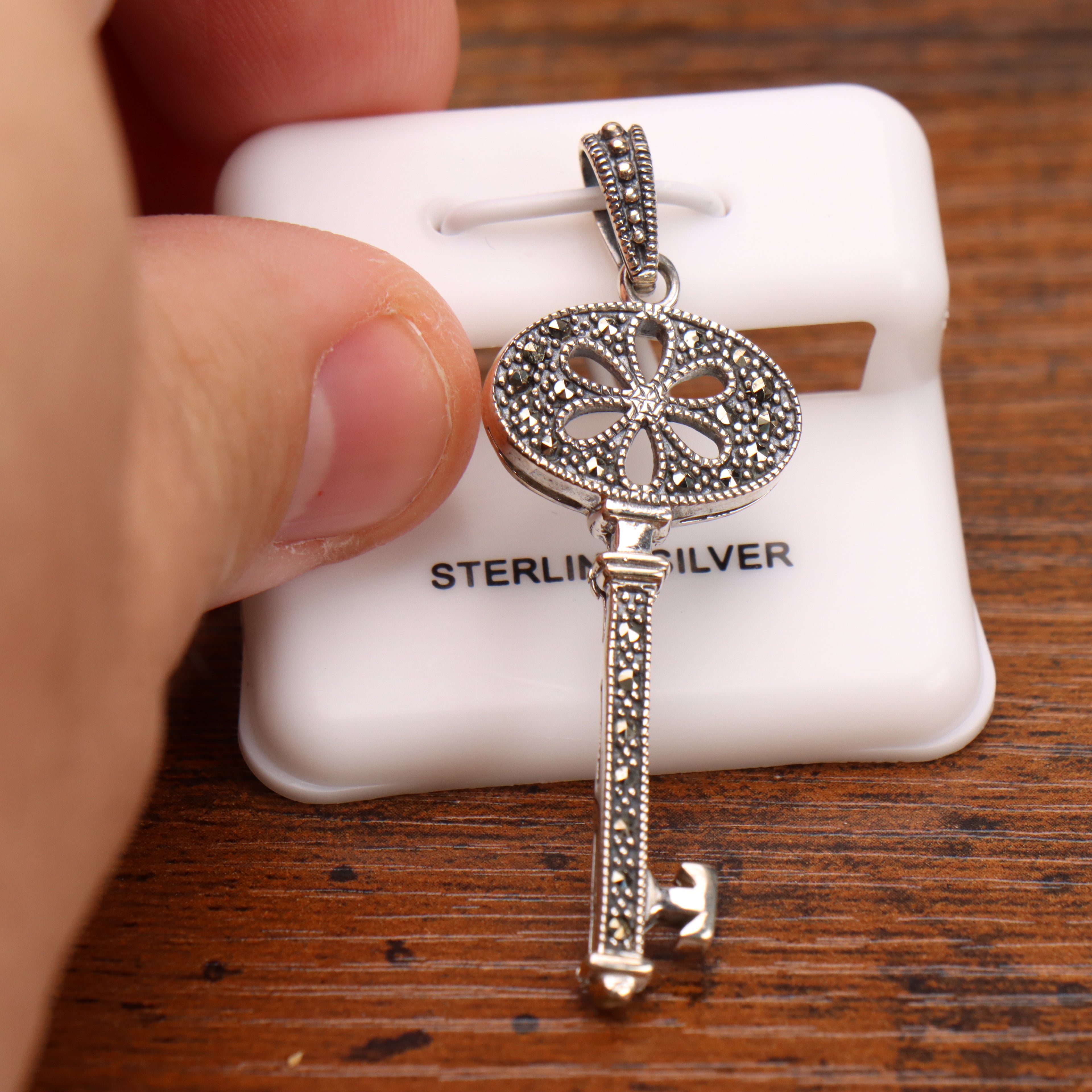 Marcasite Key Pendant 925 Sterling Silver Vintage Style
