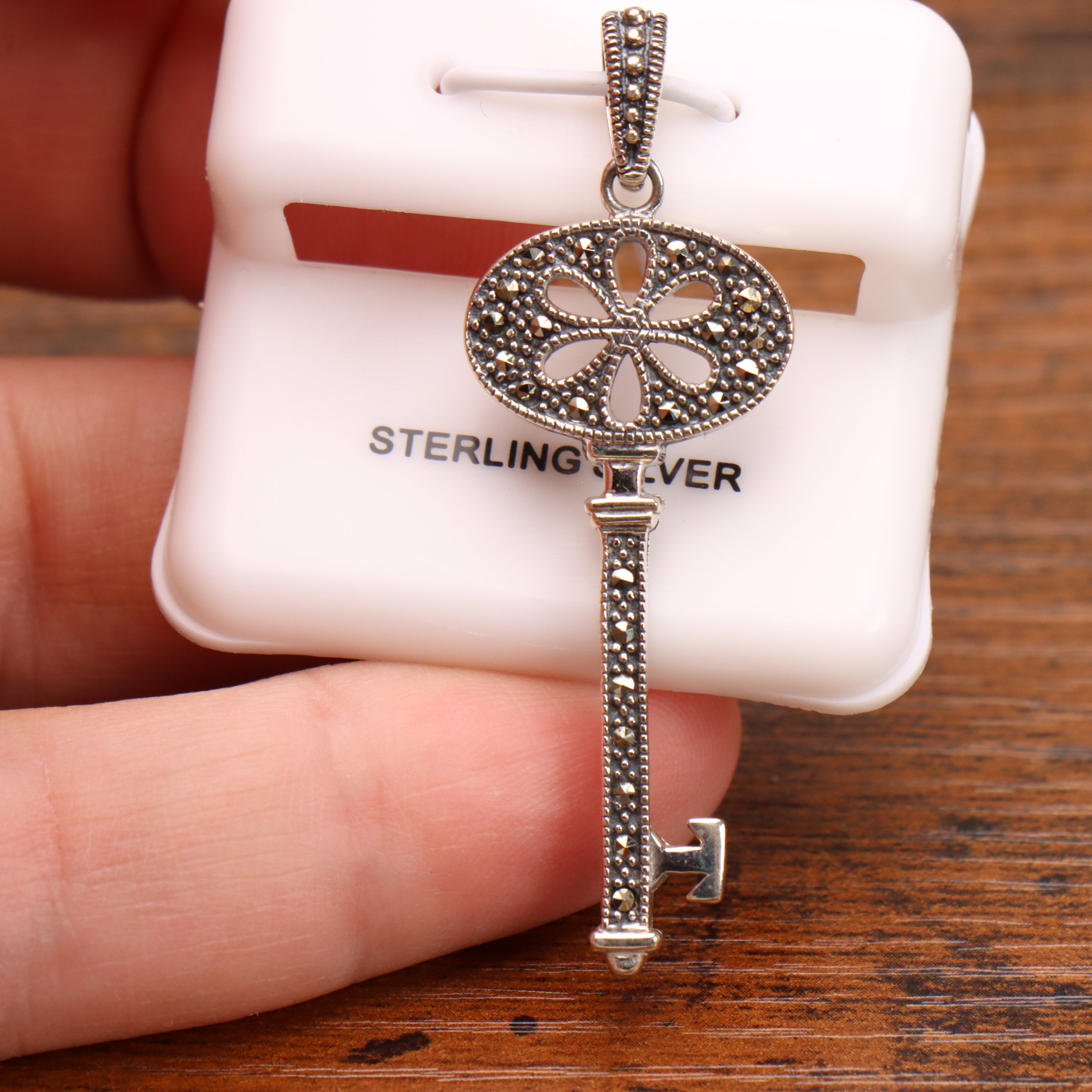 Marcasite Key Pendant 925 Sterling Silver Vintage Style