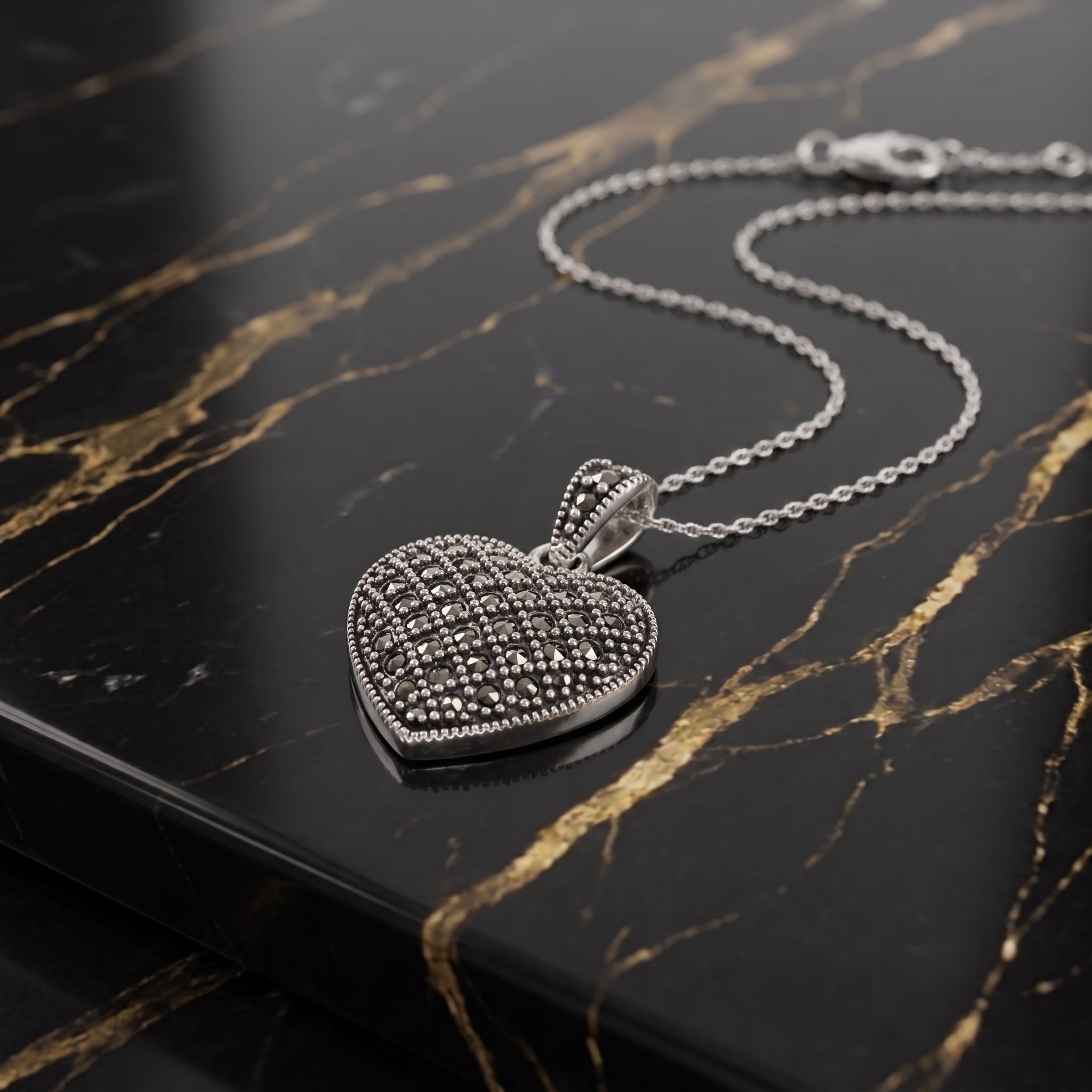 Marcasite Heart Necklace 925 Sterling Silver Vintage Style 18 inch