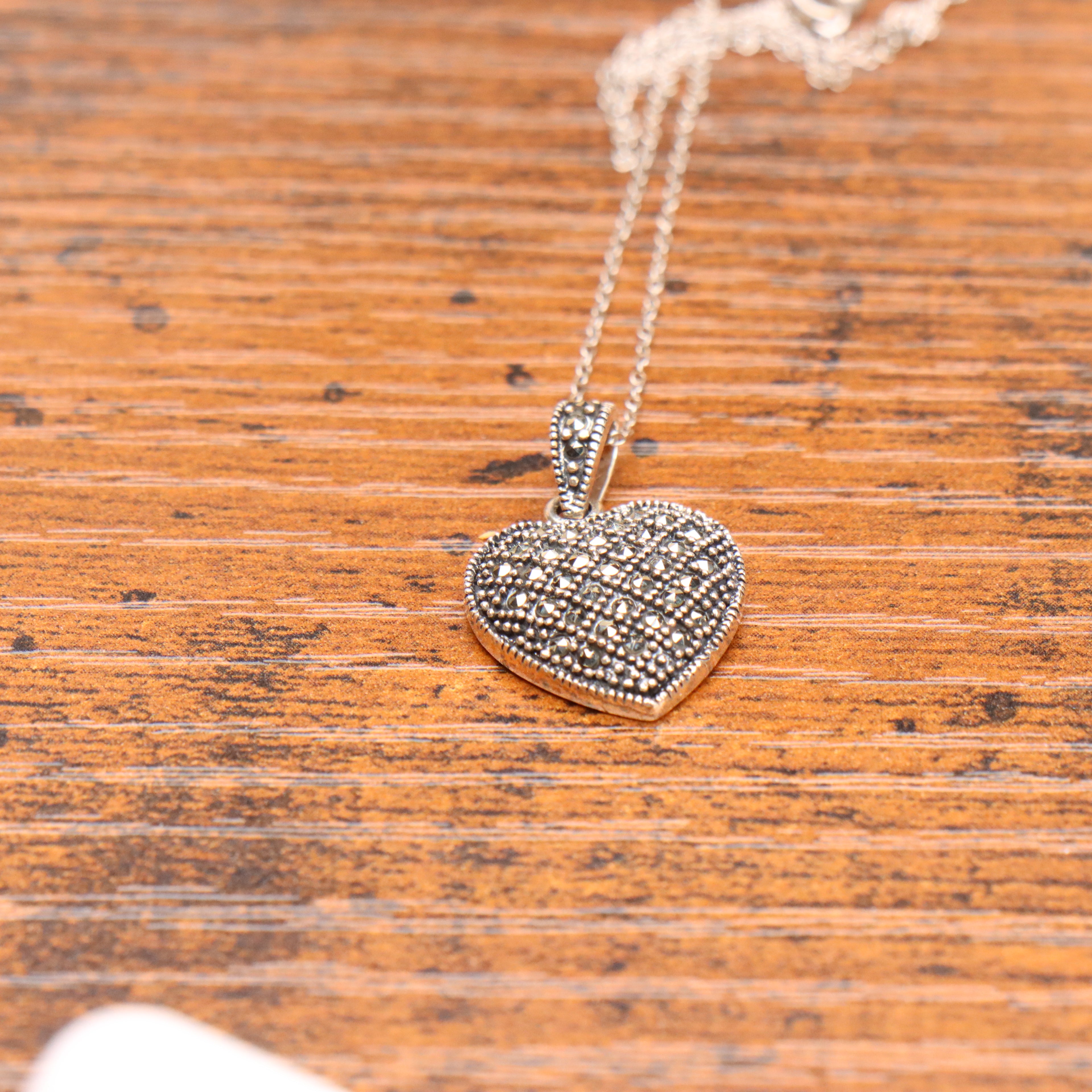 Marcasite Heart Necklace 925 Sterling Silver Vintage Style 18 inch
