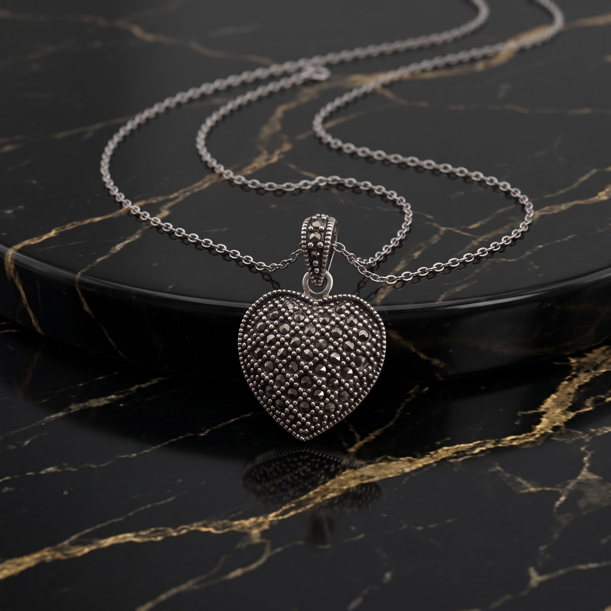 Marcasite Heart Necklace 925 Sterling Silver Vintage Style 18 inch