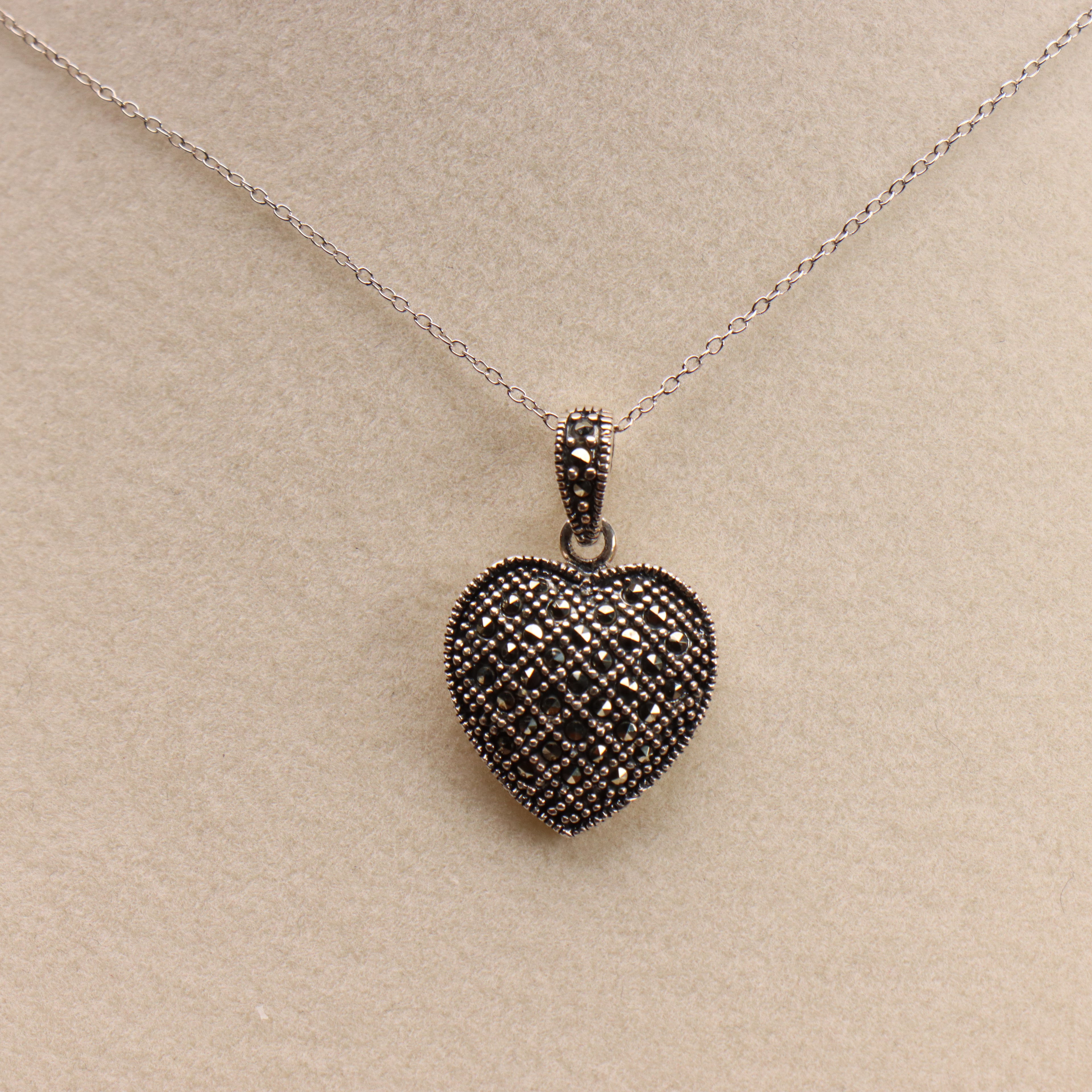Marcasite Heart Necklace 925 Sterling Silver Vintage Style 18 inch