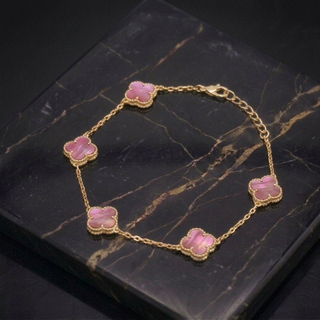 Pink Mother Of Pearl Clover Bracelet 7-8" inch 14k Gold Over 925  Silver