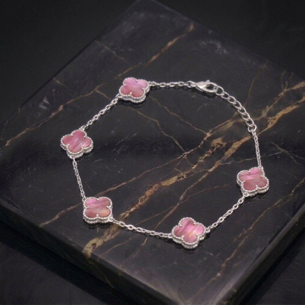 Pink Mother Of Pearl Clover Bracelet 7-8" inch 925 Sterling Silver