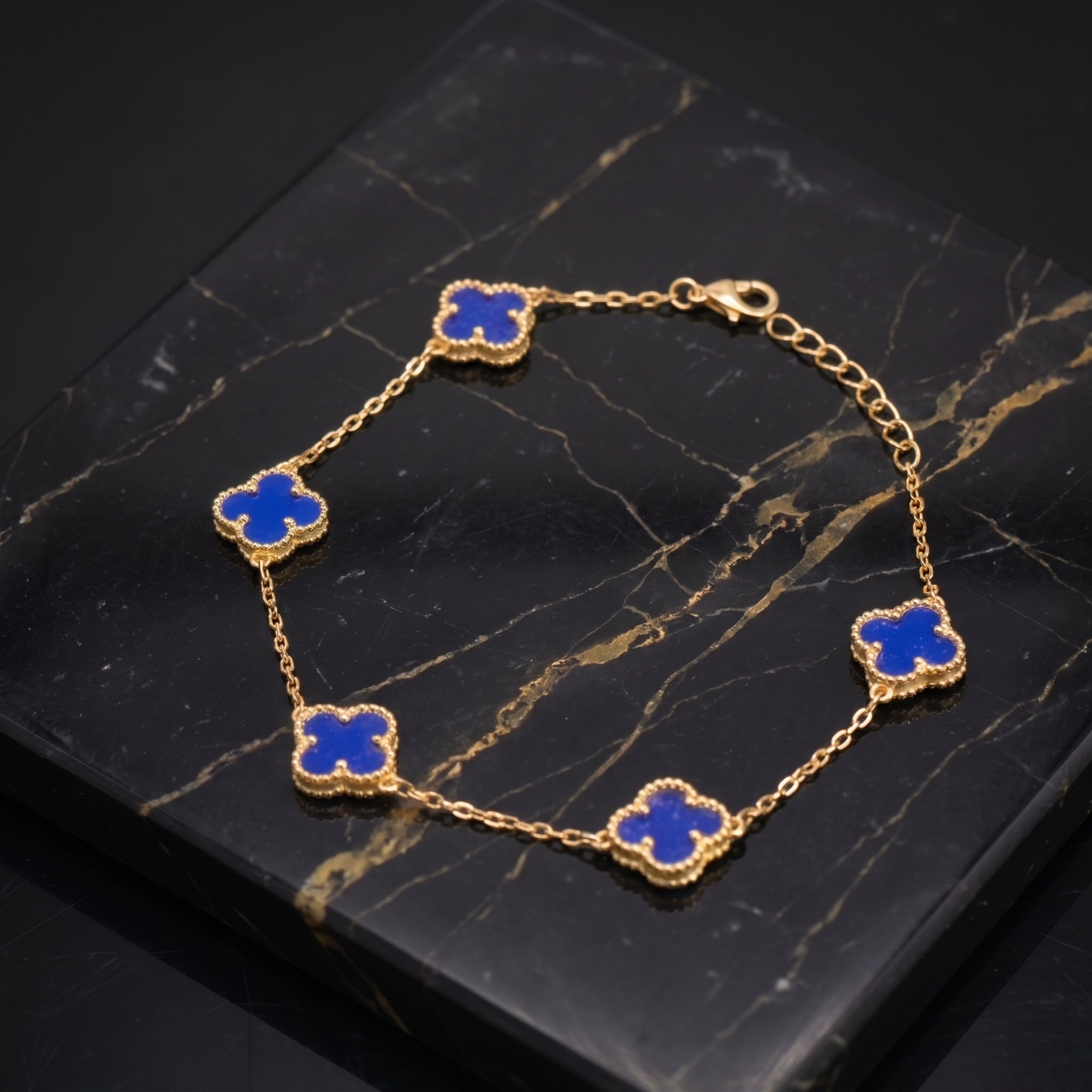 Blue Agate Clover Bracelet 7-8" inch 14k Gold Over 925 Sterling Silver
