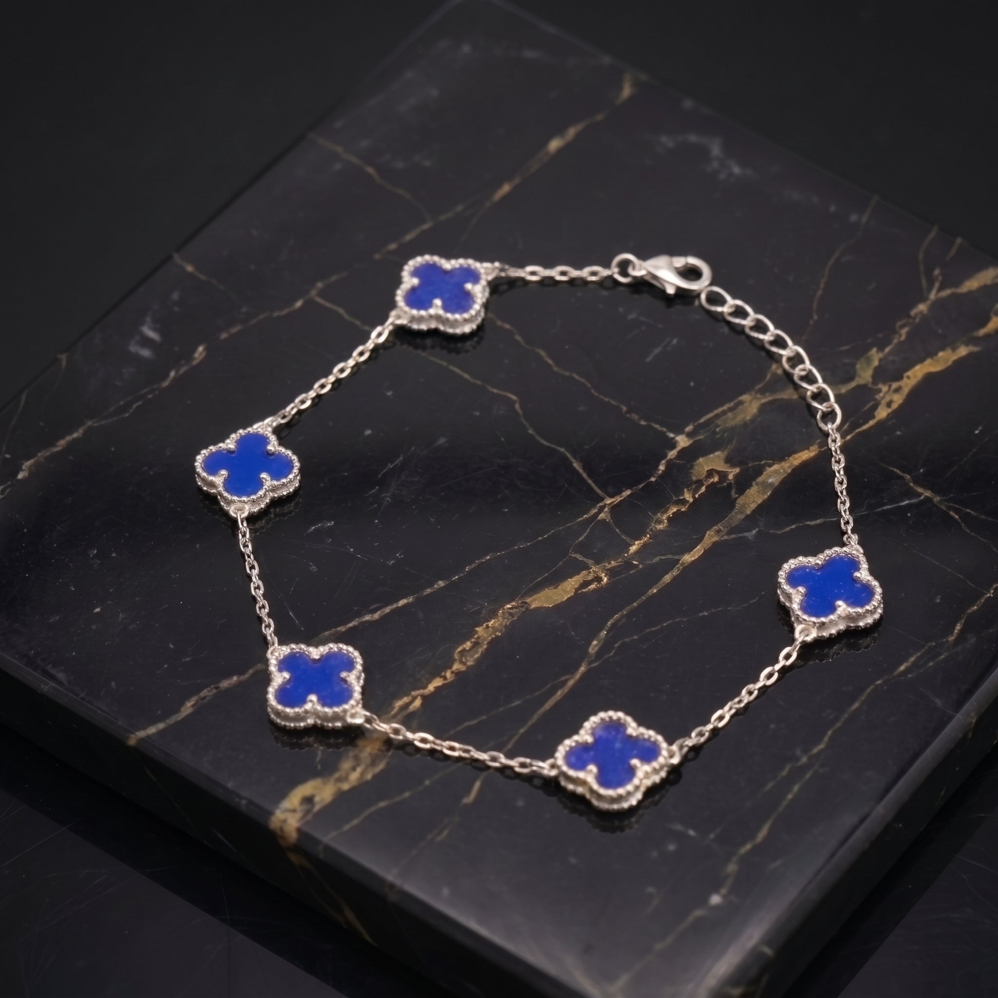 Blue Agate Clover Bracelet Adjustable 7-8" inch 925 Sterling Silver