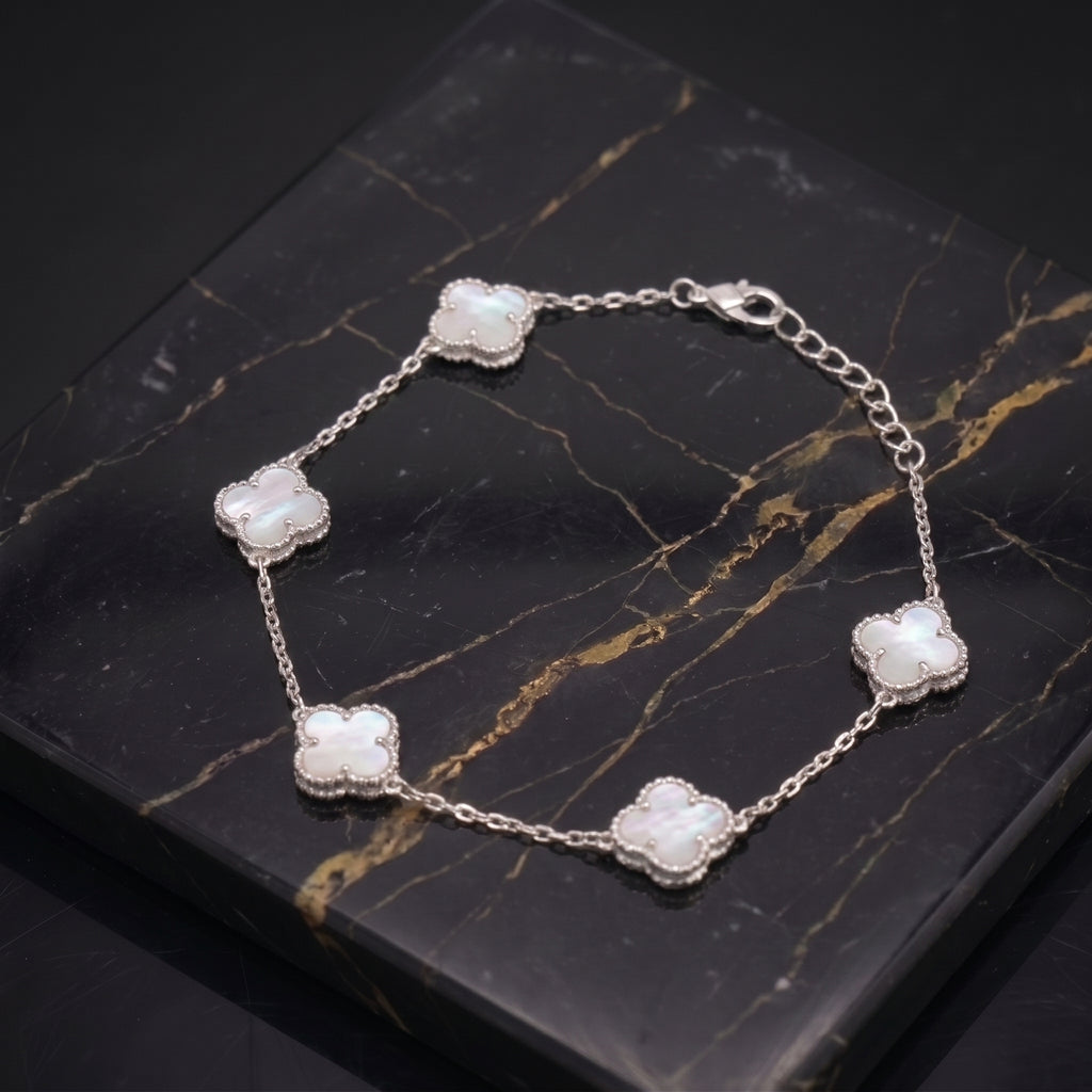 Mother Of Pearl Clover Bracelet Adjustable 7-8" inch 925 Sterling Silver