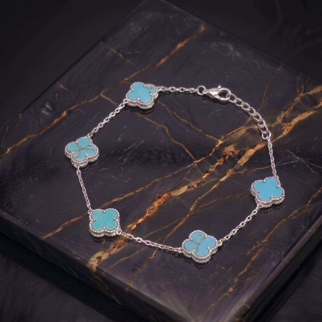 Turquoise Clover Bracelet Adjustable 7-8" inch 925 Sterling Silver