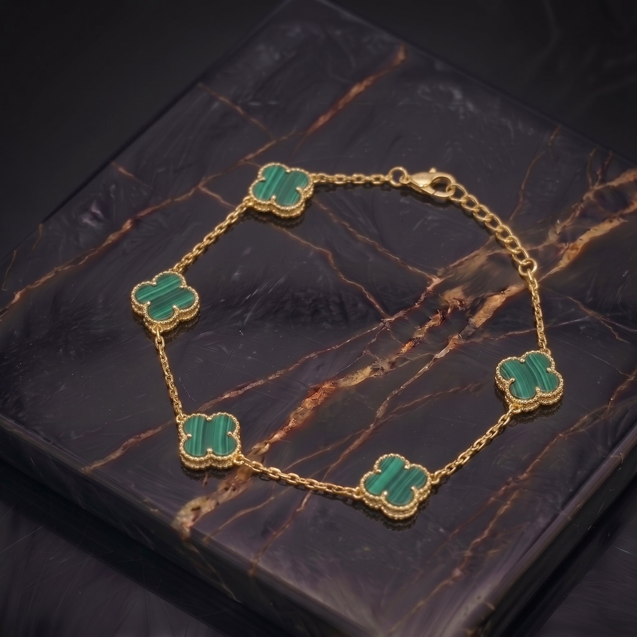 Green Malachite Bracelet 7-8" inch 14k Gold Over 925 Sterling Silver 5 Clover