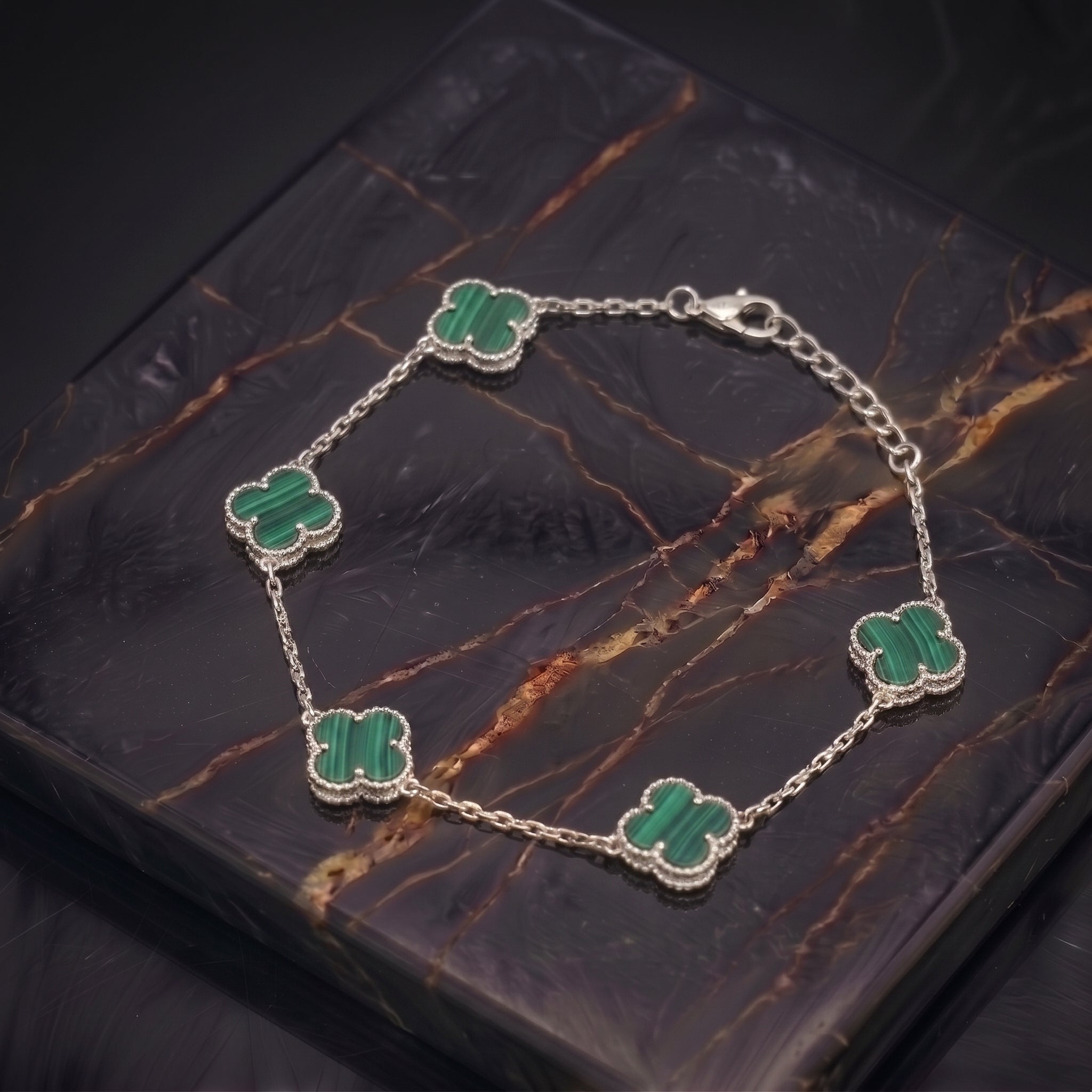 Green Malachite Bracelet 7-8" inch Adjustable 925 Sterling Silver 5 Clover