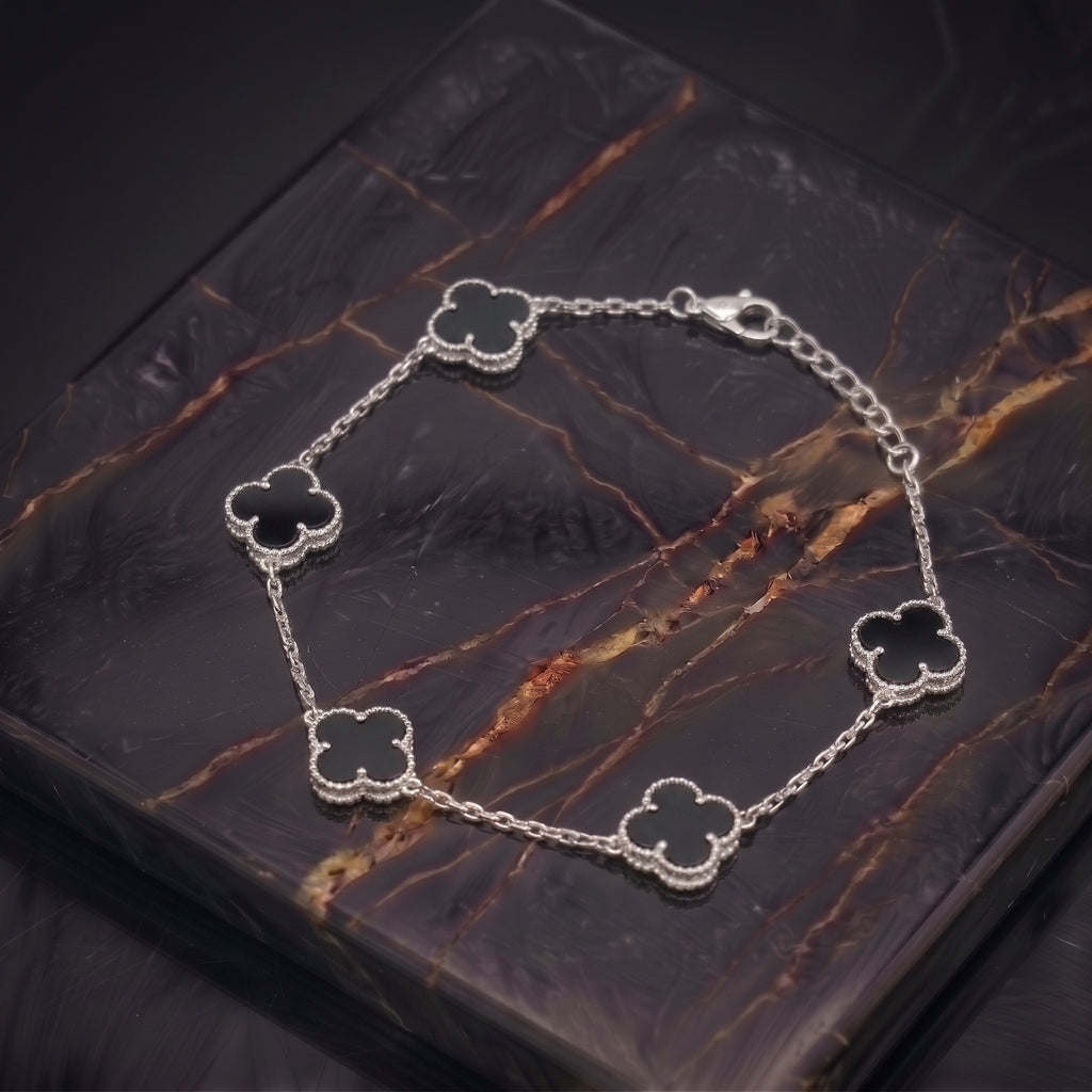 Black Onyx Clover Bracelet Adjustable 7-8" inch 925 Sterling Silver 5 Clover
