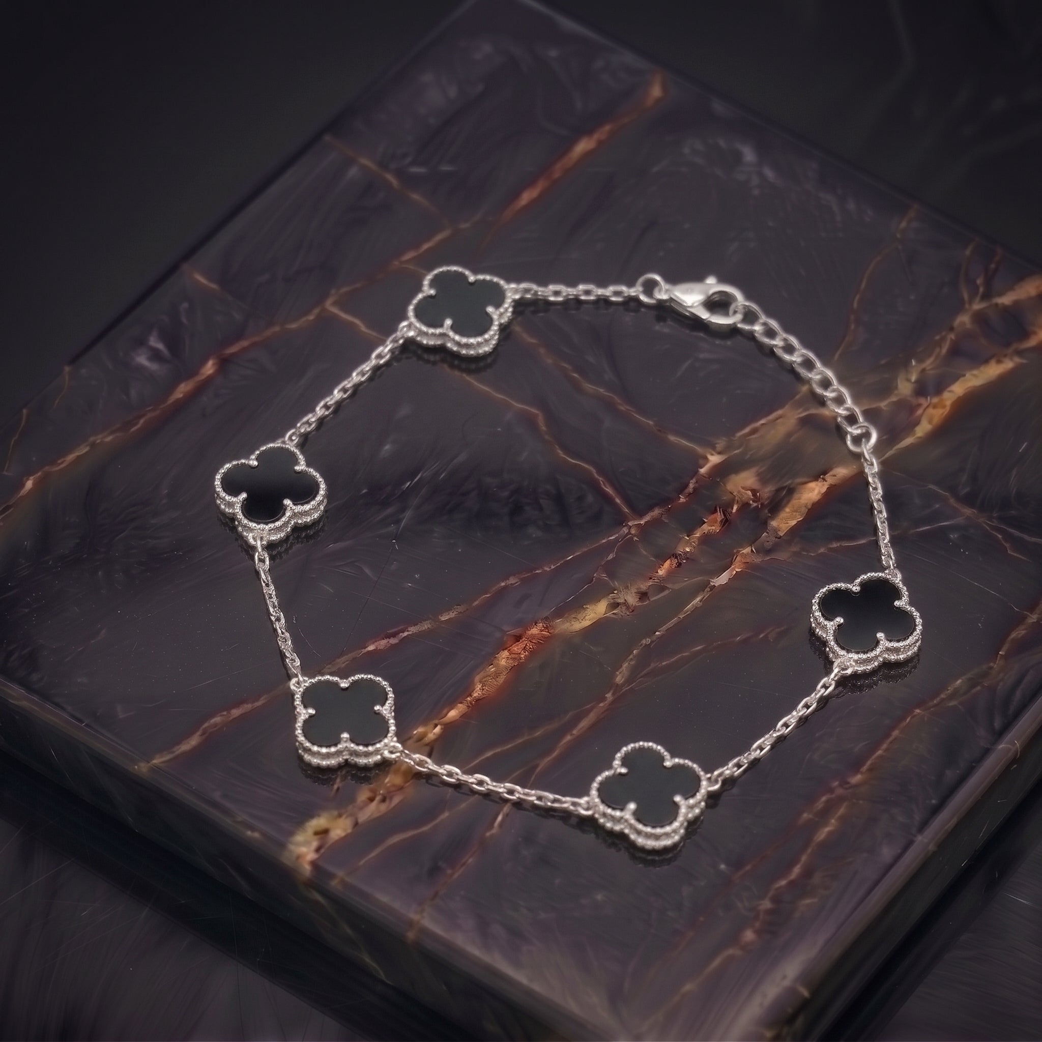 Black Onyx Clover Bracelet Adjustable 7-8" inch 925 Sterling Silver 5 Clover