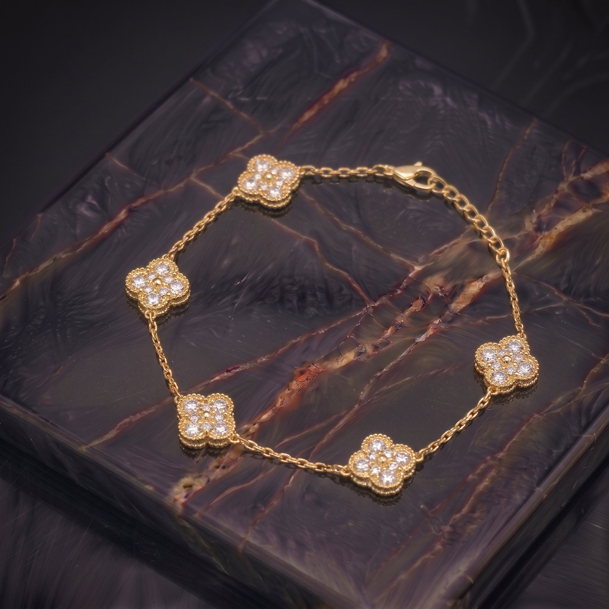 CZ Clover Bracelet Adjustable 7-8" inch 925 14k Over 925 Sterling Silver