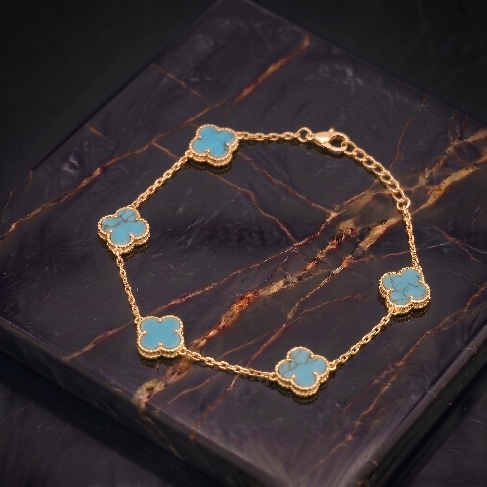 Turquoise Bracelet 7-8" inch 14k  Gold Over 925 Sterling Silver 5 Clover