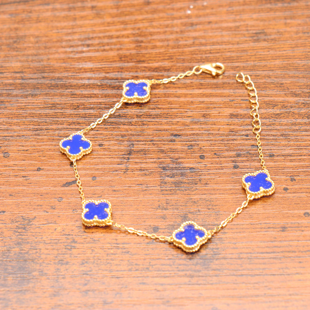 Blue Agate Clover Bracelet 7-8" inch 14k Gold Over 925 Sterling Silver
