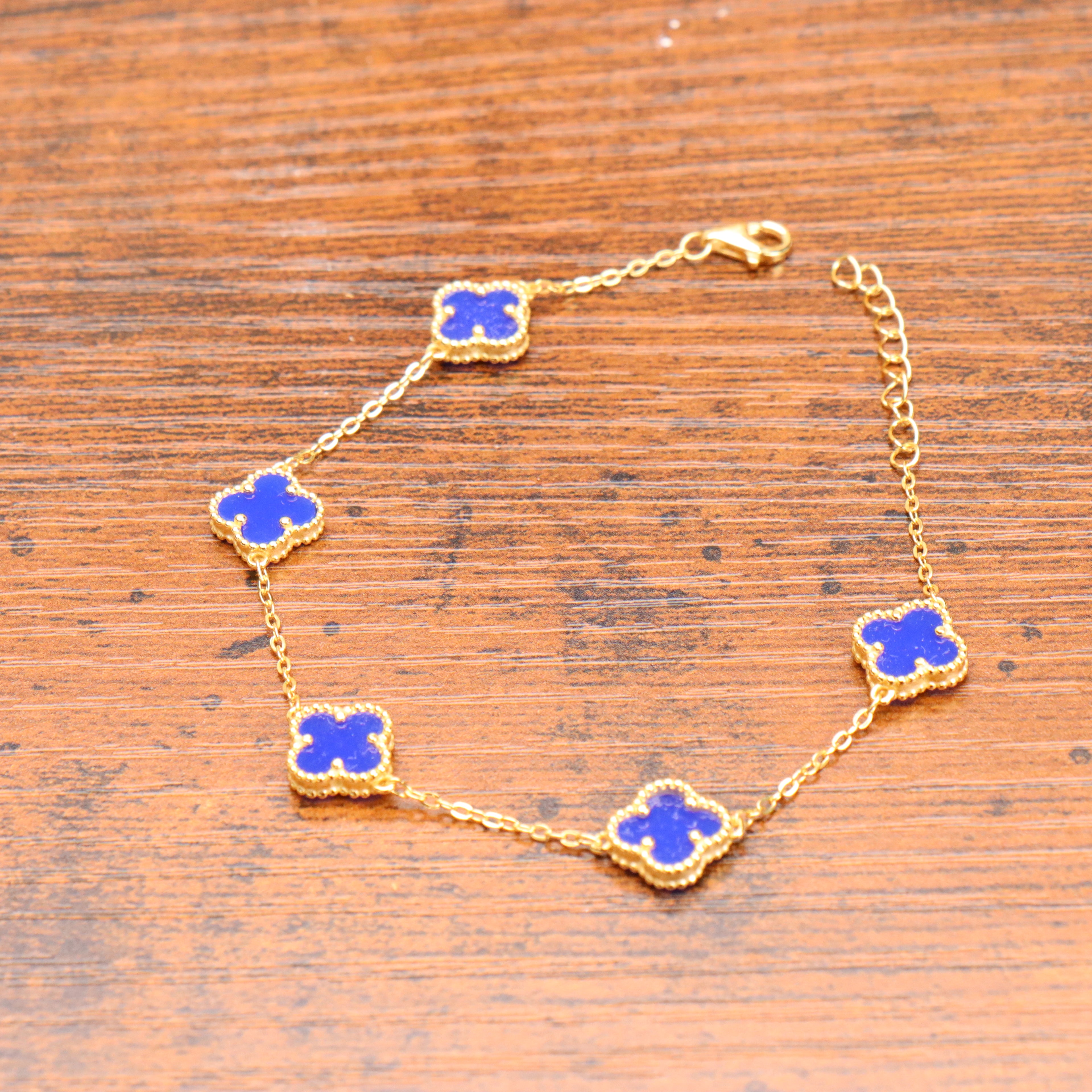 Blue Agate Clover Bracelet 7-8" inch 14k Gold Over 925 Sterling Silver