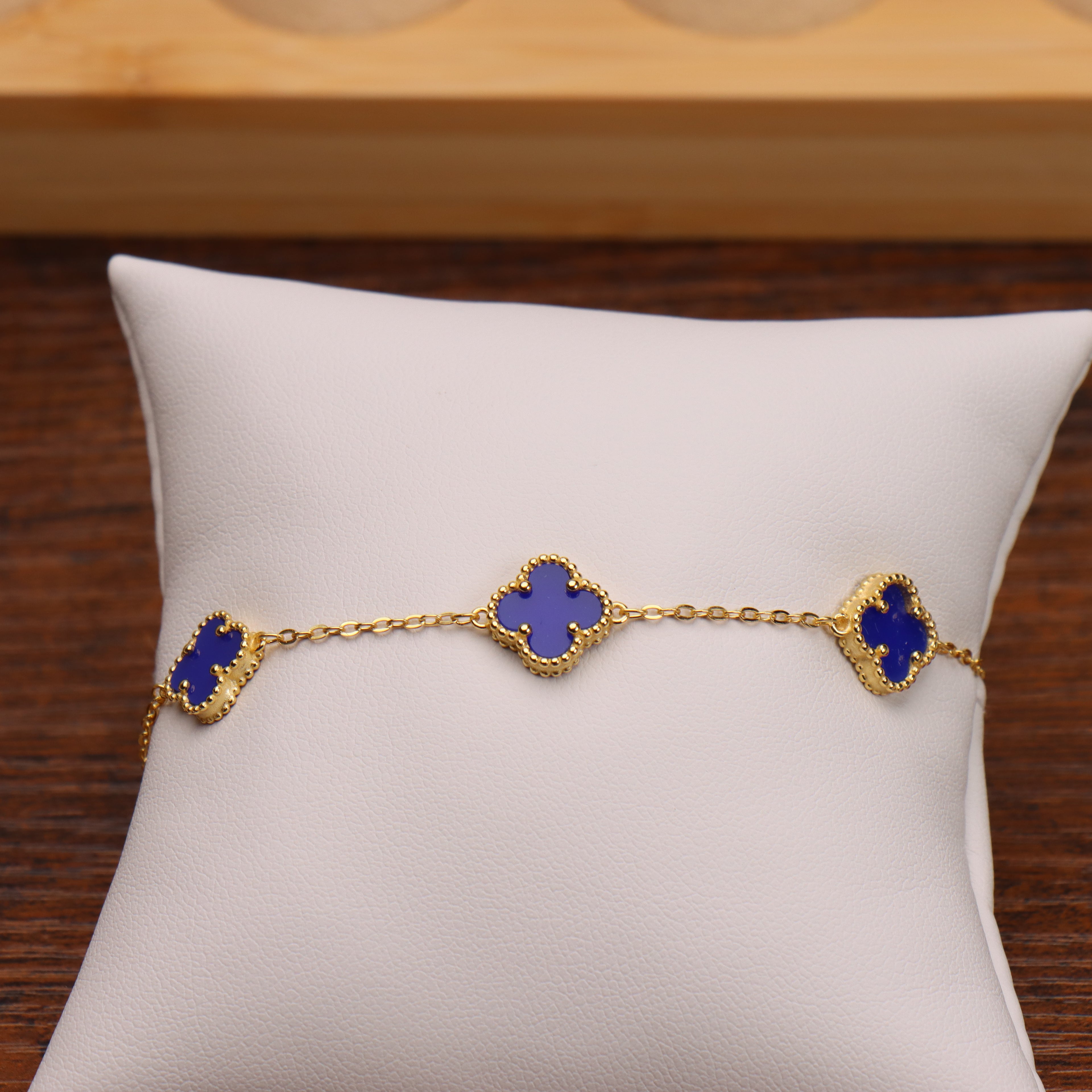 Blue Agate Clover Bracelet 7-8" inch 14k Gold Over 925 Sterling Silver