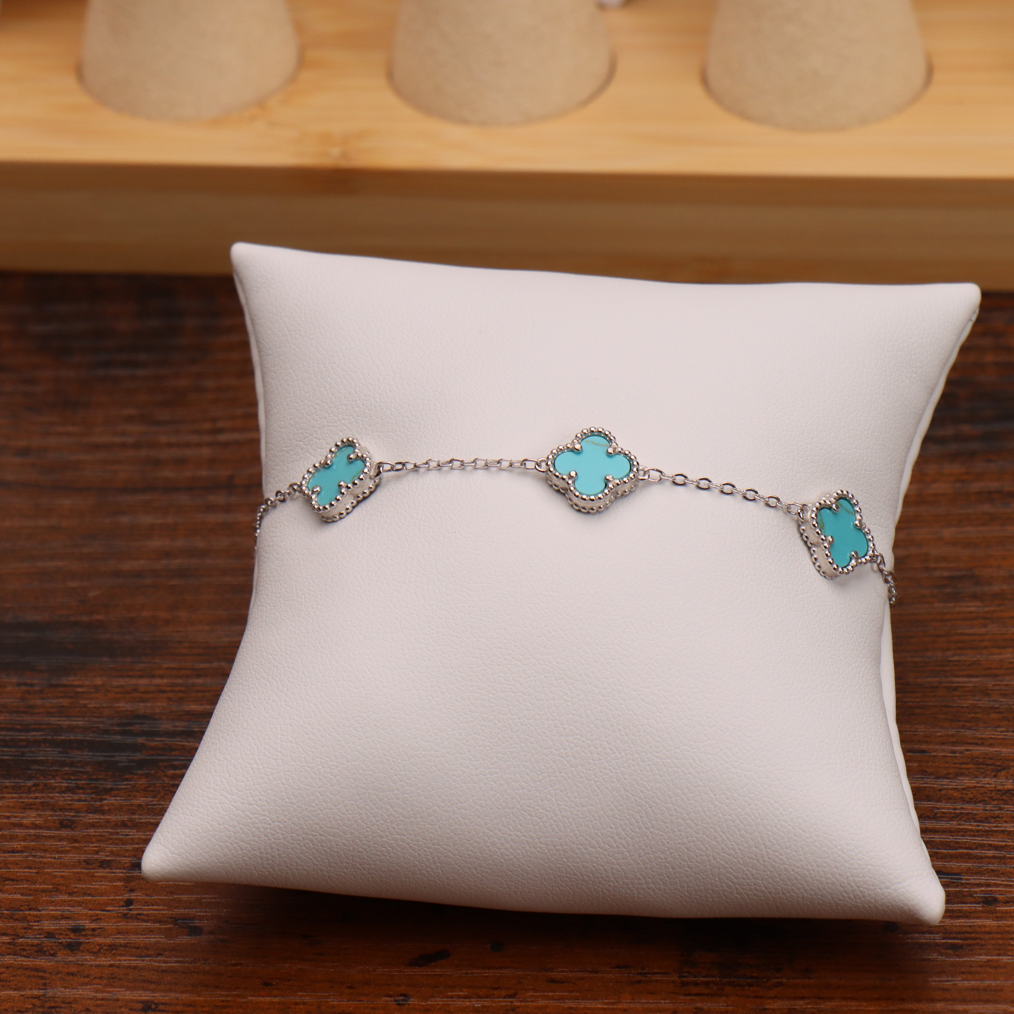 Turquoise Clover Bracelet Adjustable 7-8" inch 925 Sterling Silver