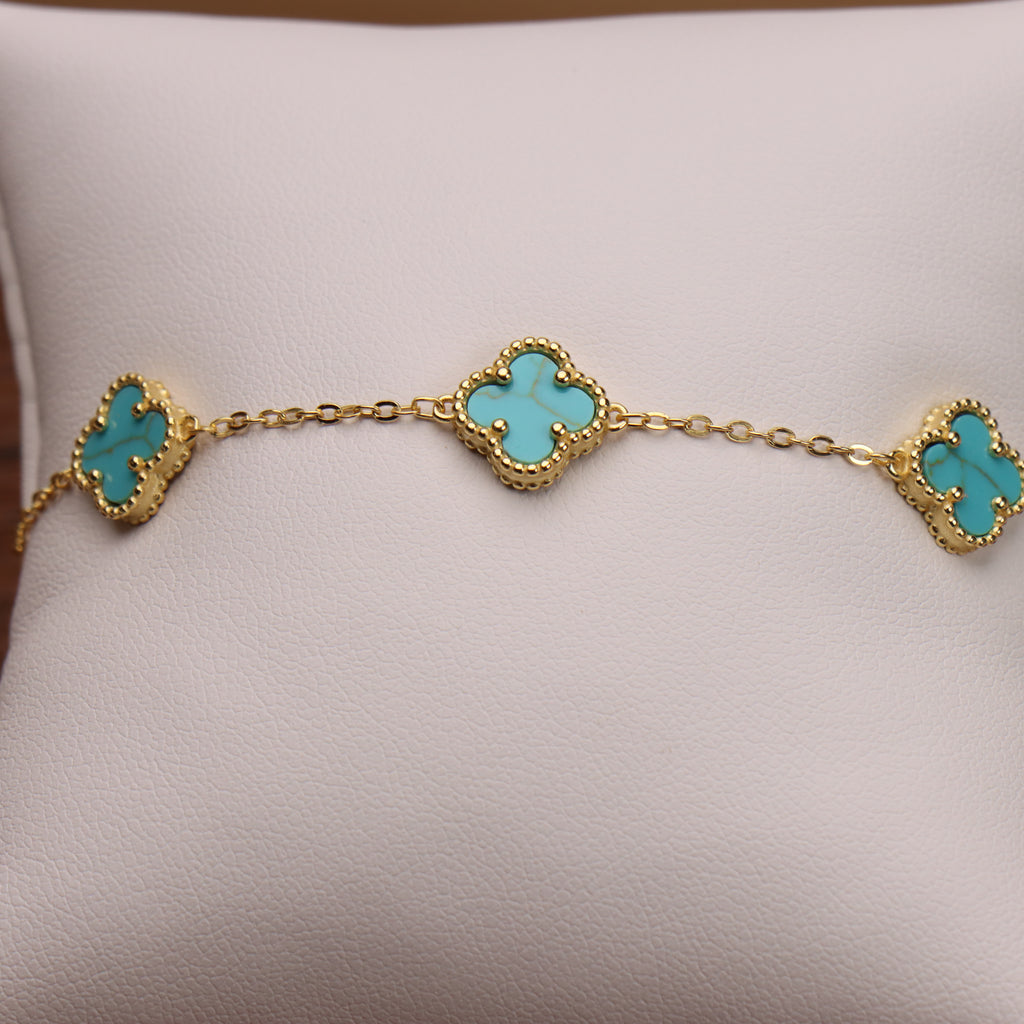 Turquoise Bracelet 7-8" inch 14k  Gold Over 925 Sterling Silver 5 Clover